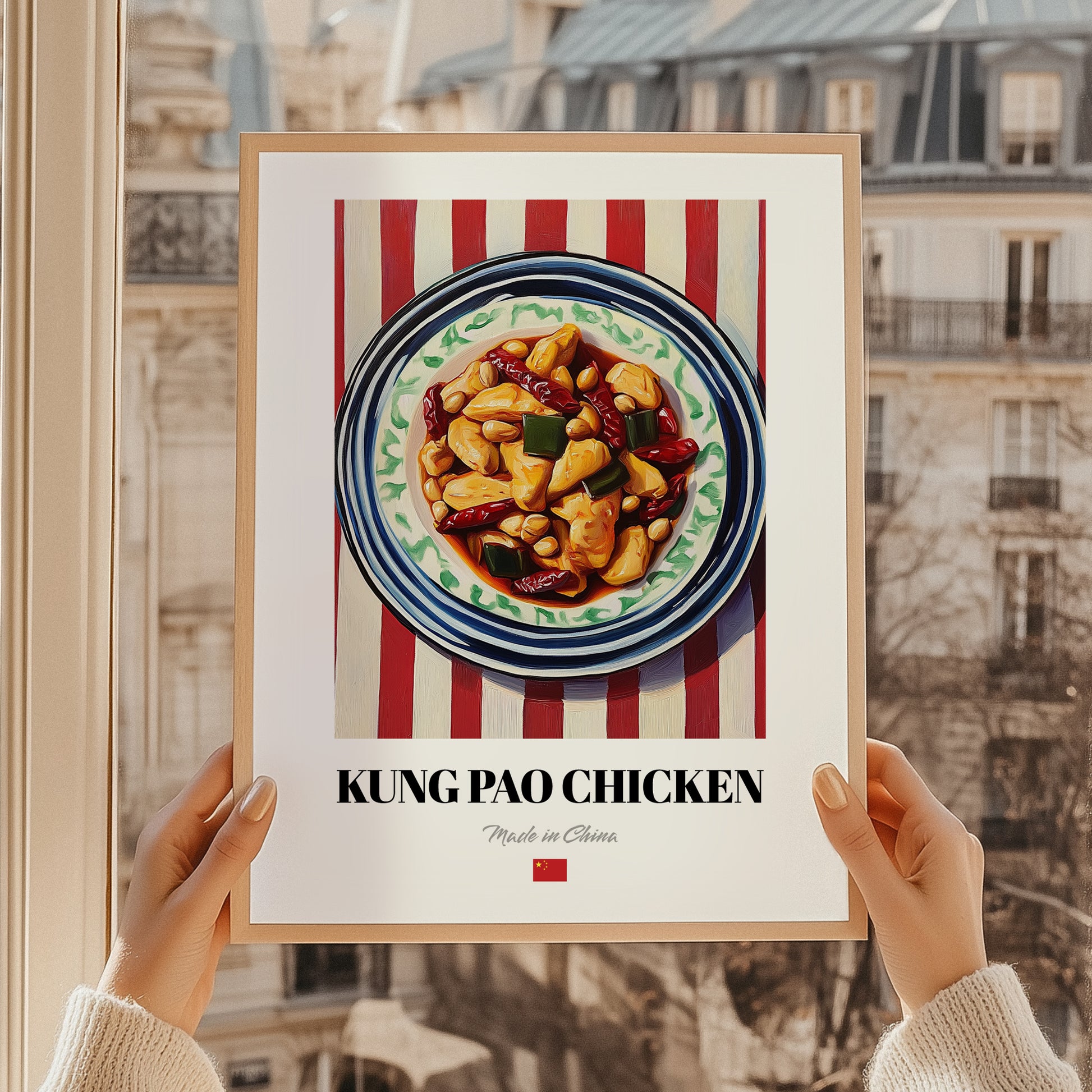Kung Pao Chicken – on Striped Tablecloth, Chinese Food Art, styled in a charming Paris street view