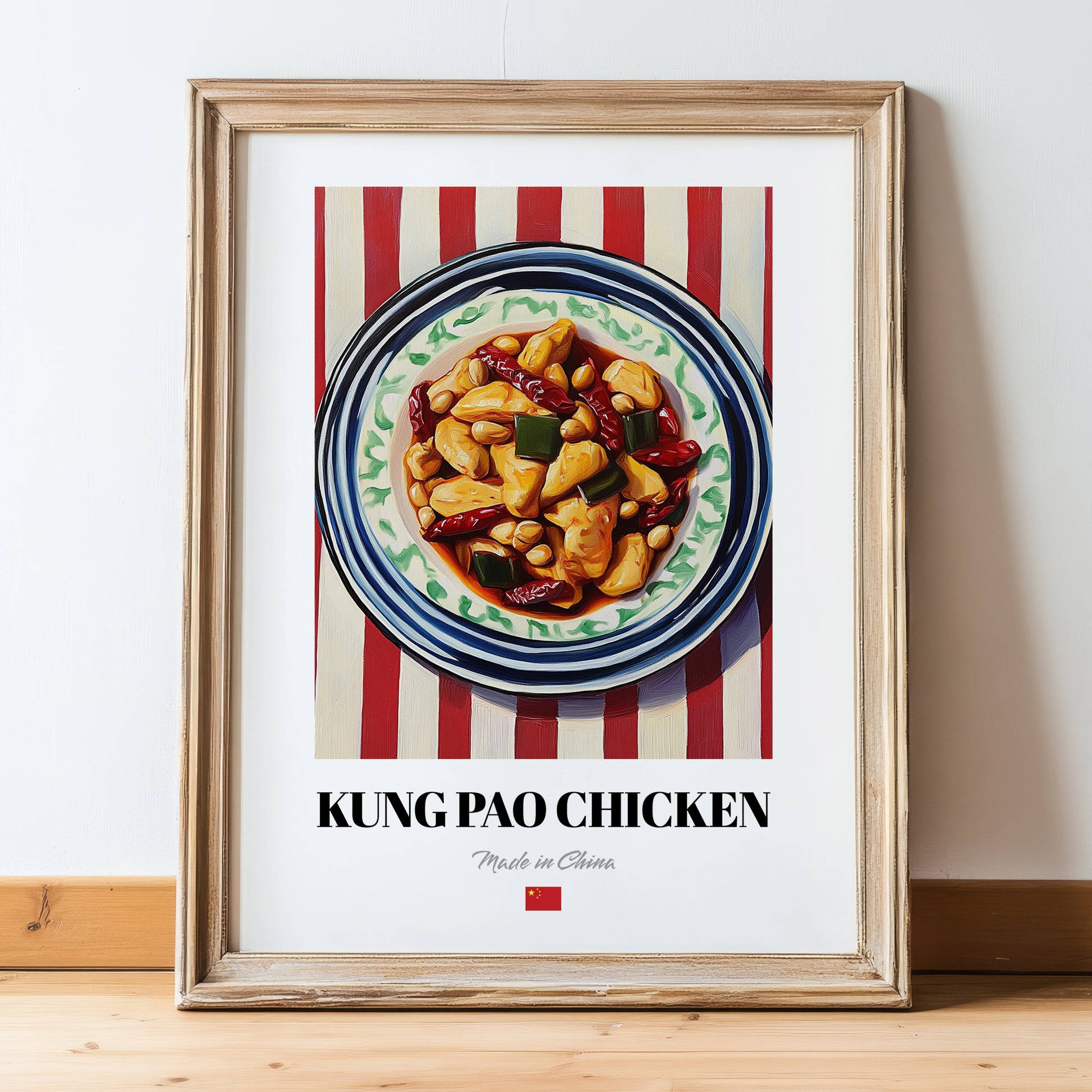 Kung Pao Chicken – on Striped Tablecloth, Chinese Food Art, in wooden frame leaning on the floor