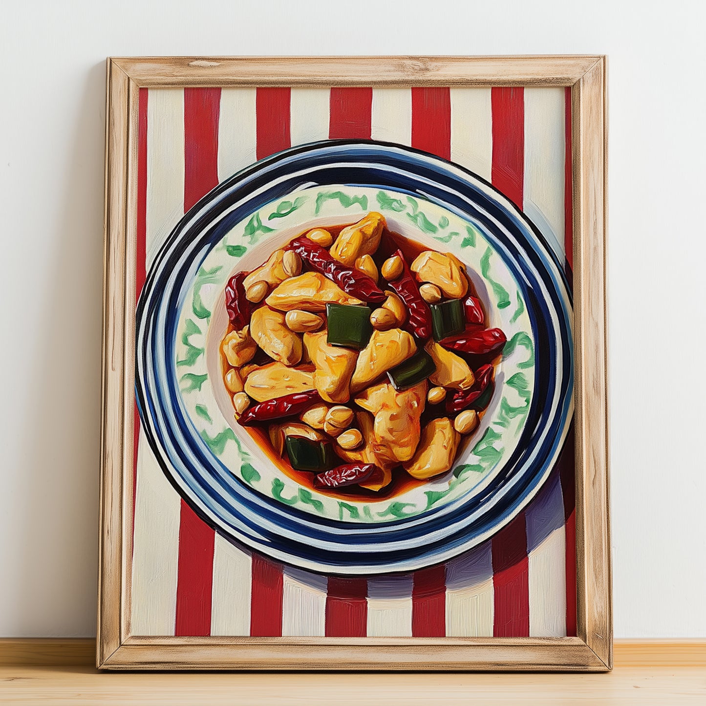 Kung Pao Chicken – on Striped Tablecloth, Chinese Food Art, no-text version framed in wood