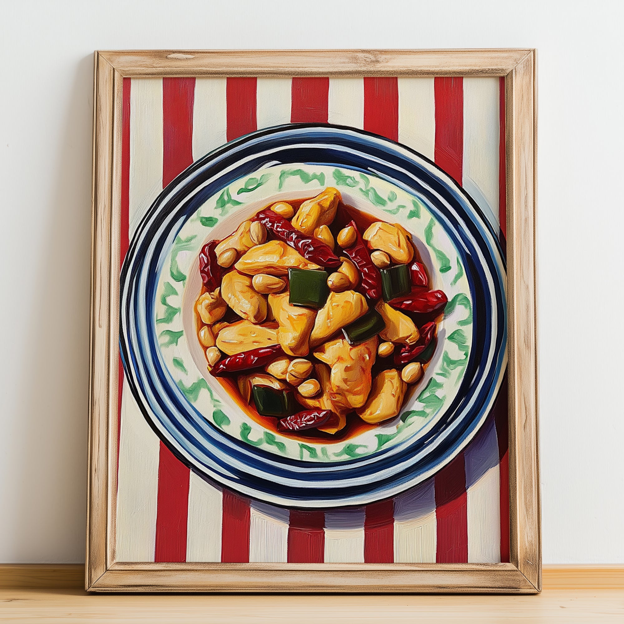 Kung Pao Chicken – on Striped Tablecloth, Chinese Food Art, no-text version framed in wood