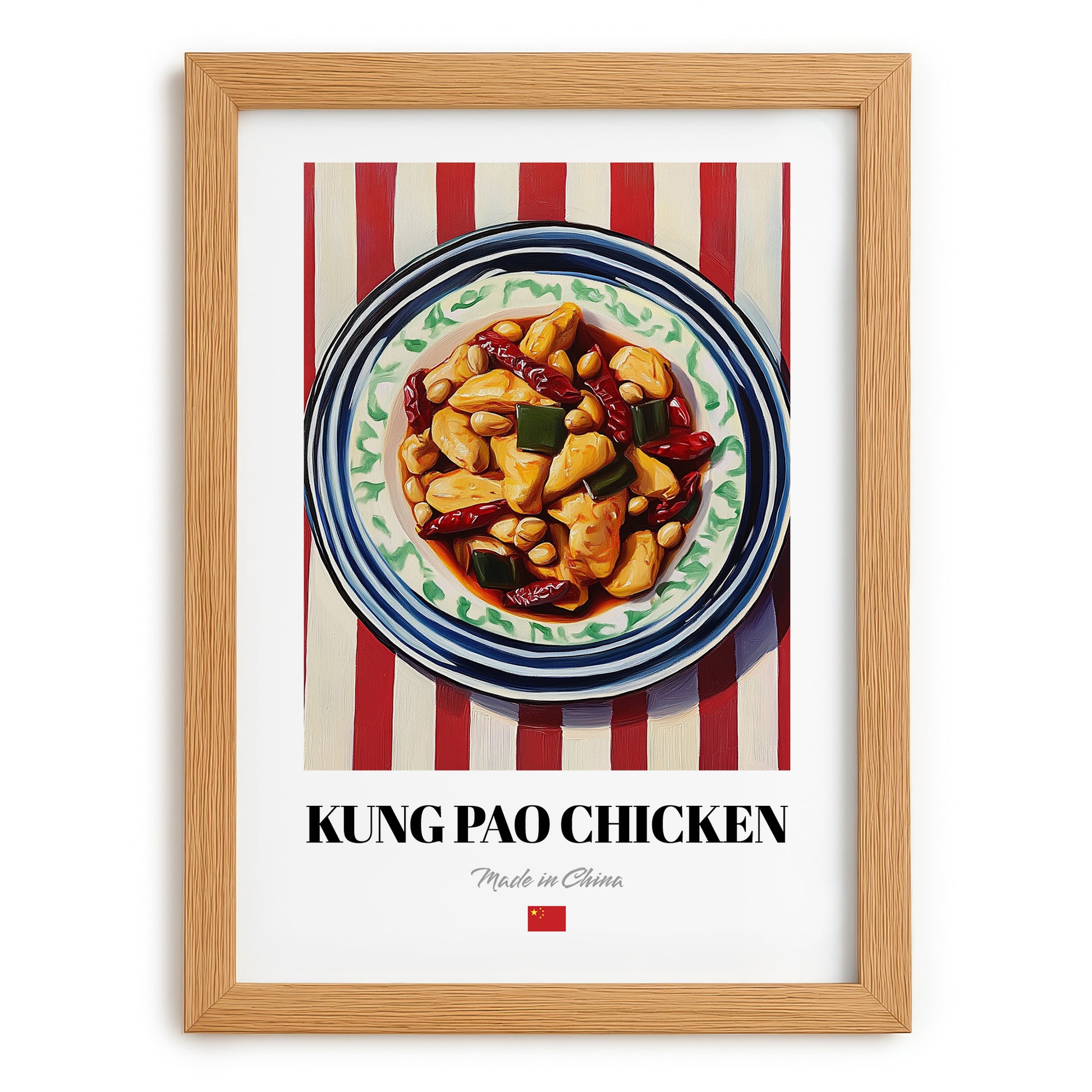 Kung Pao Chicken – on Striped Tablecloth, Chinese Food Art, set in oak frame