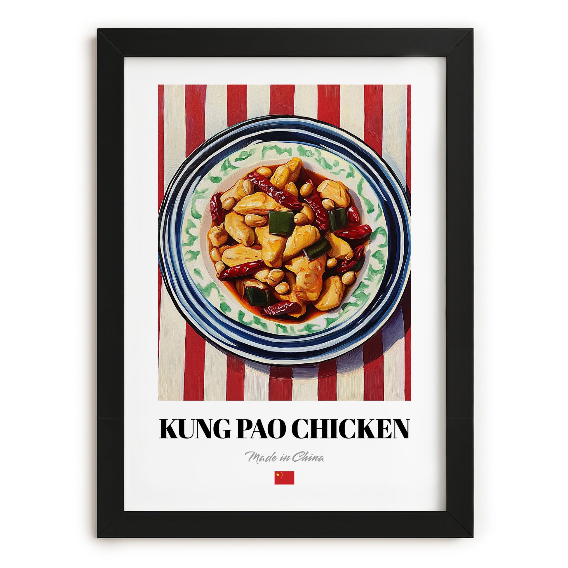 Kung Pao Chicken – on Striped Tablecloth, Chinese Food Art, in sleek black frame