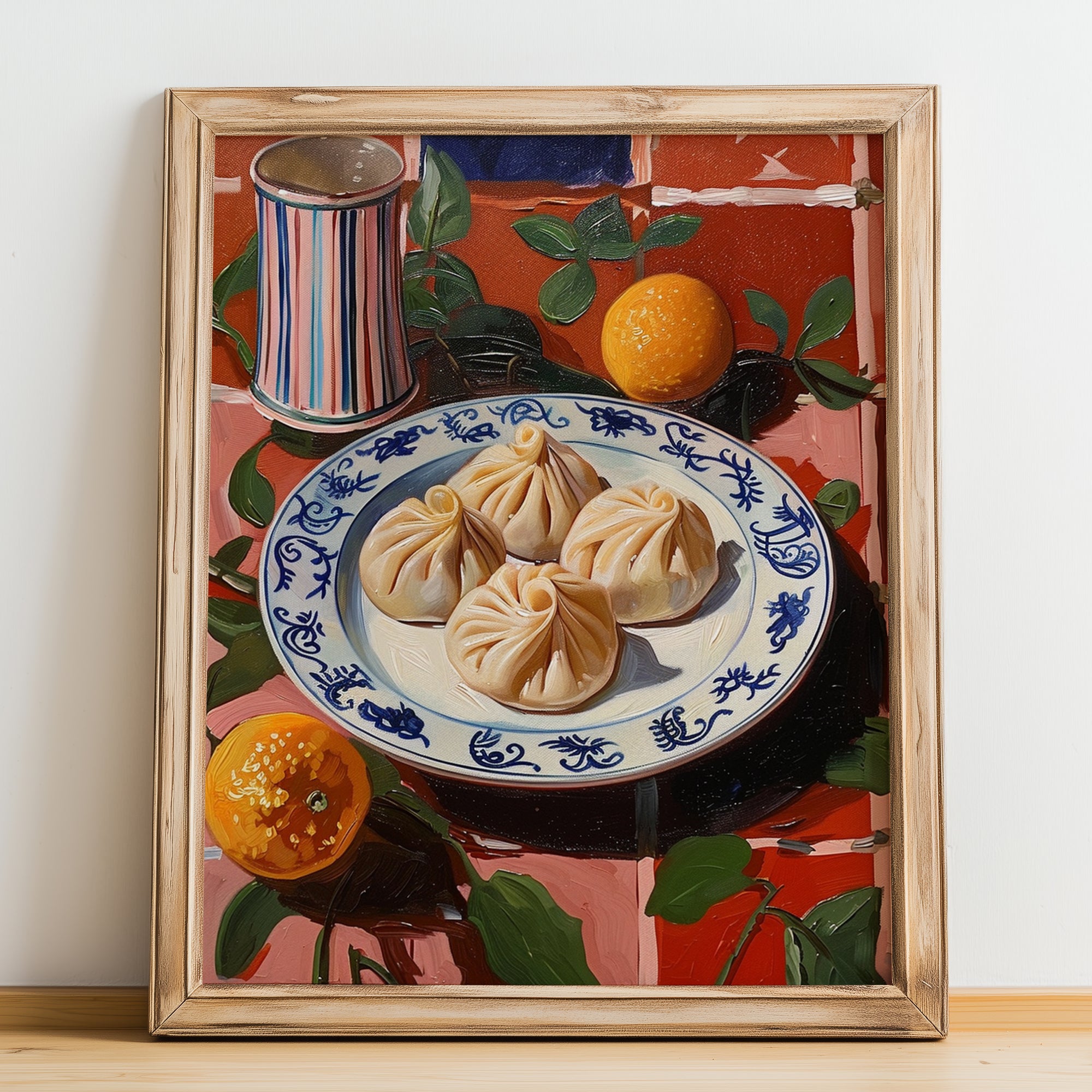 Xiao Long Bao – Colorful Oil Painting, Chinese Food Wall Decor, no-text version framed in wood