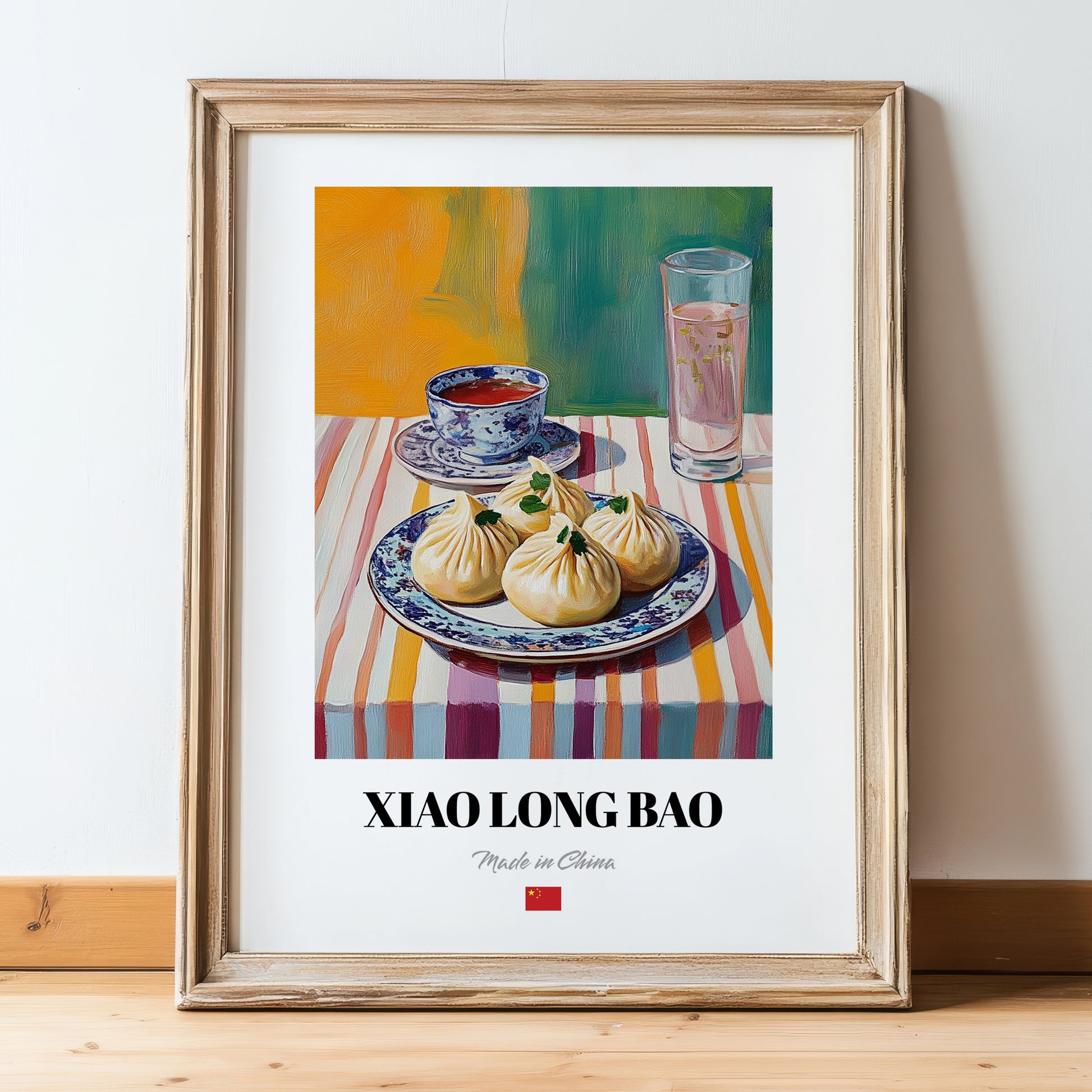 Xiao Long Bao – Colorful Oil Painting, Chinese Food Poster, in wooden frame leaning on the floor