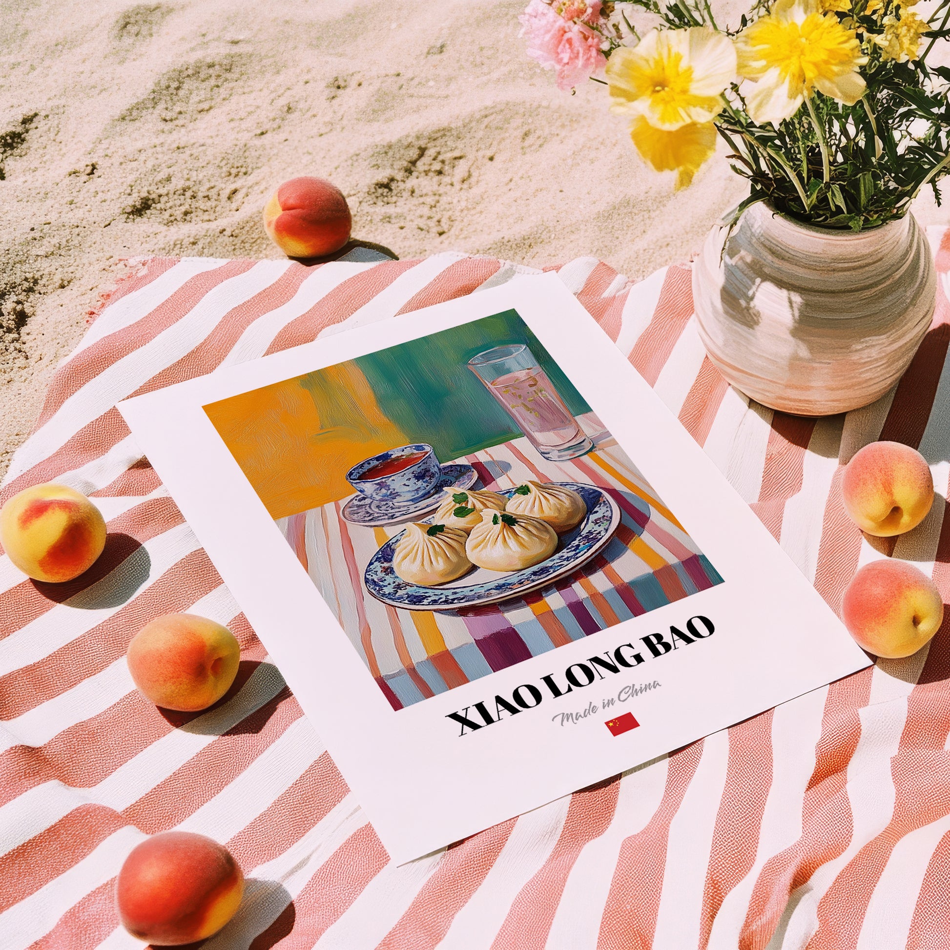 Xiao Long Bao – Colorful Oil Painting, Chinese Food Poster, unframed on coastal sand