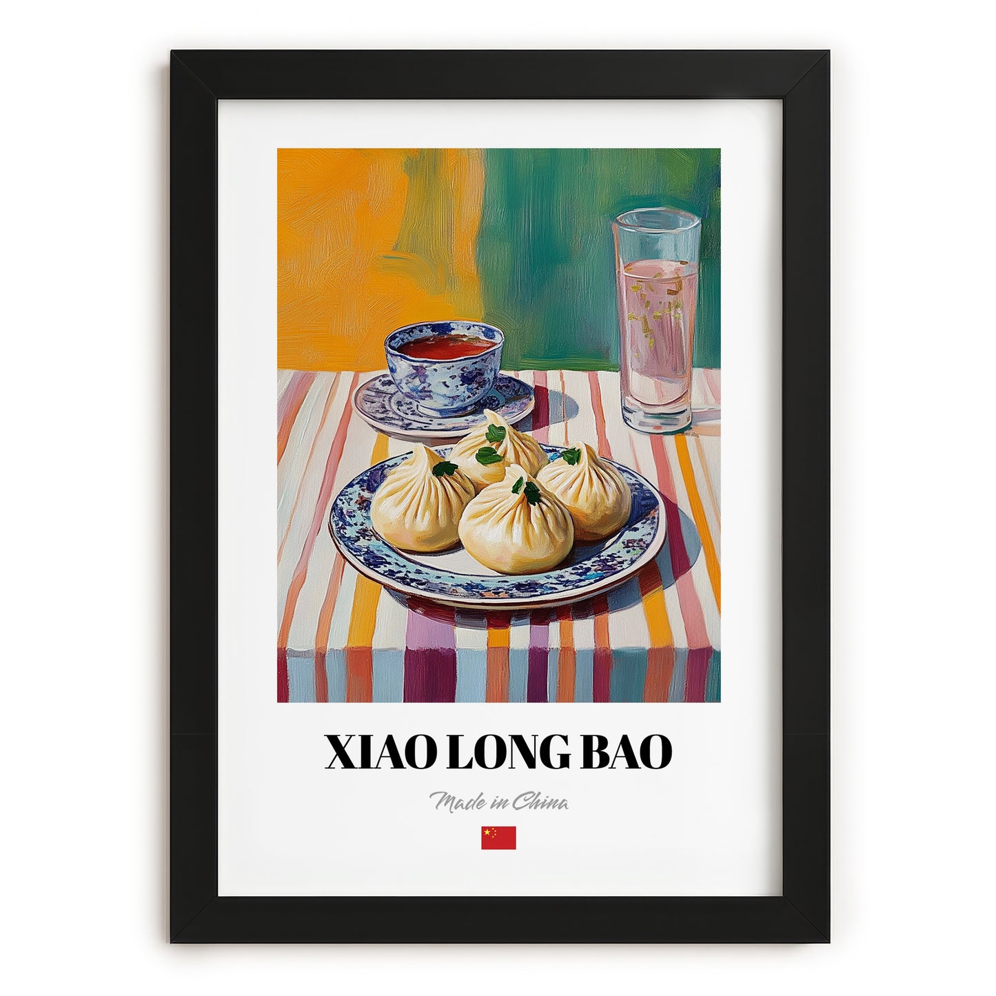Xiao Long Bao – Colorful Oil Painting, Chinese Food Poster, in sleek black frame