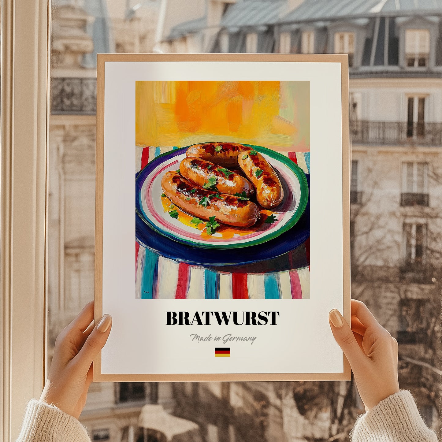 Bratwurst – Art, German Food Poster, styled in a charming Paris street view