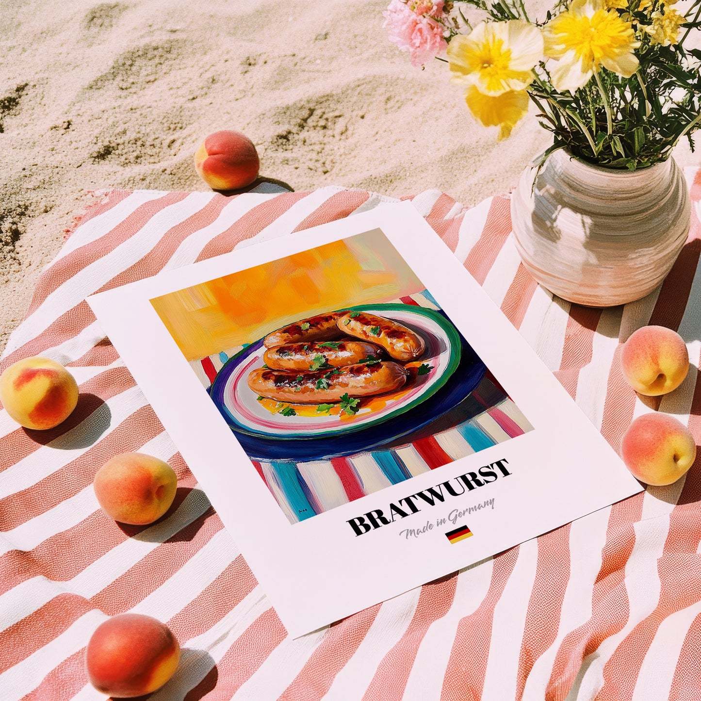 Bratwurst – Art, German Food Poster, unframed on coastal sand