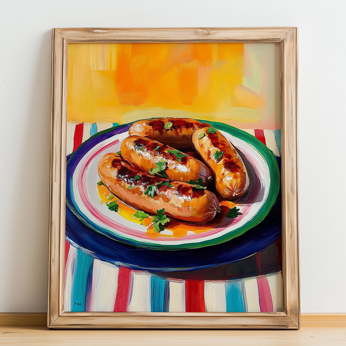Bratwurst – Art, German Food Poster, no-text version framed in wood