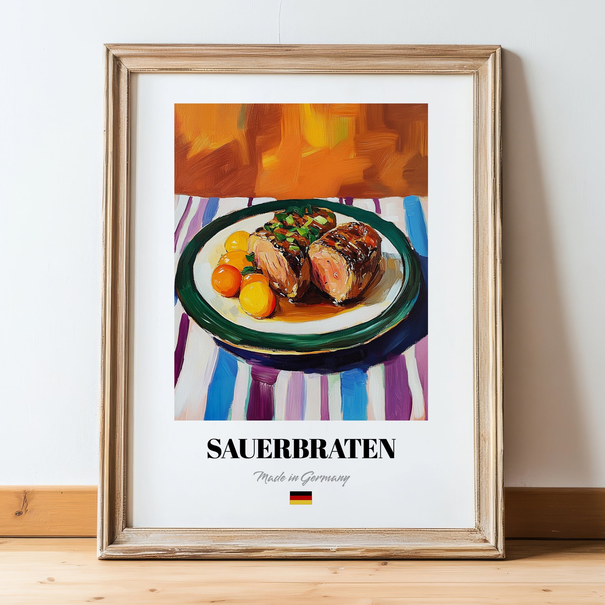 Sauerbraten – Art, German Food Painting, in wooden frame leaning on the floor