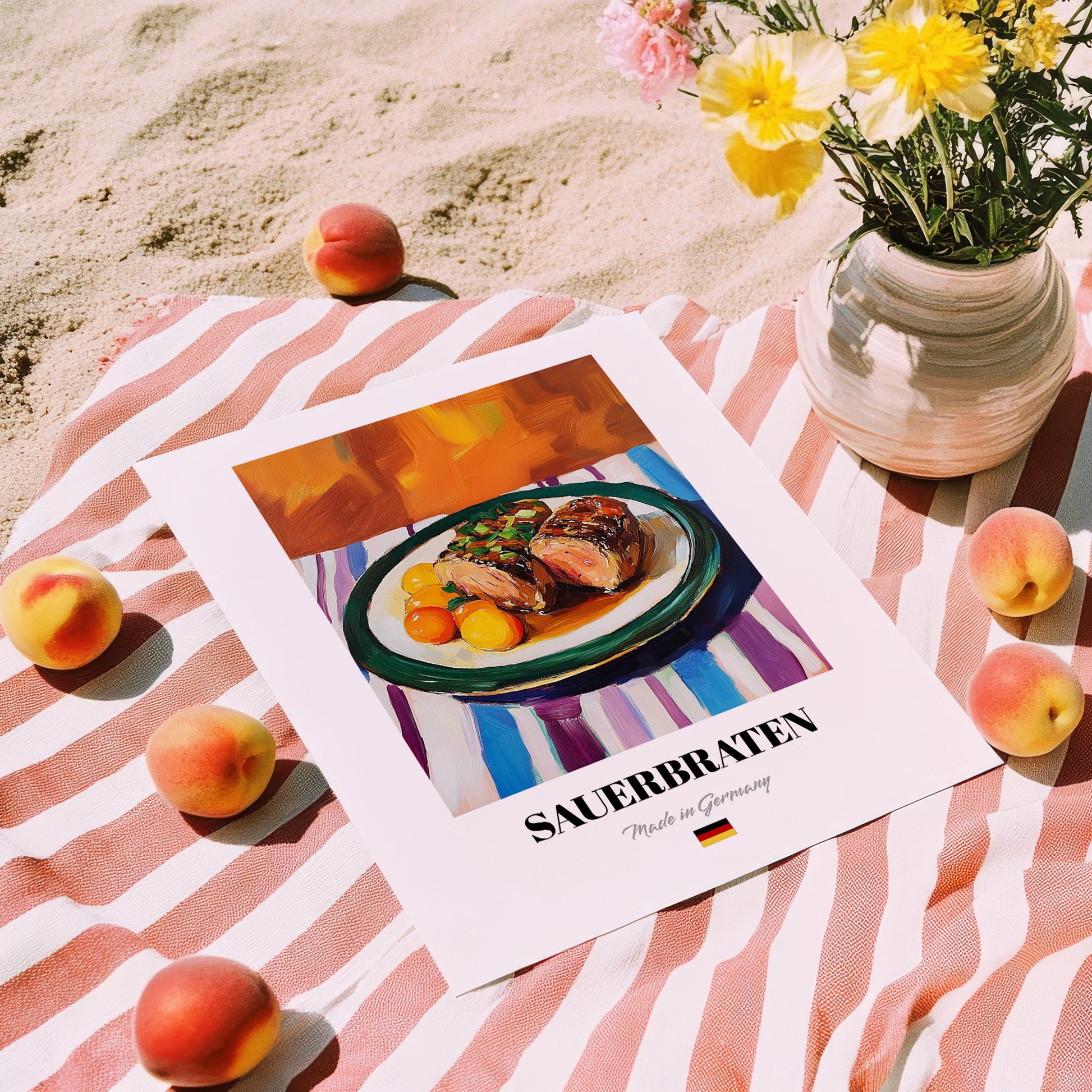 Sauerbraten – Art, German Food Painting, unframed on coastal sand