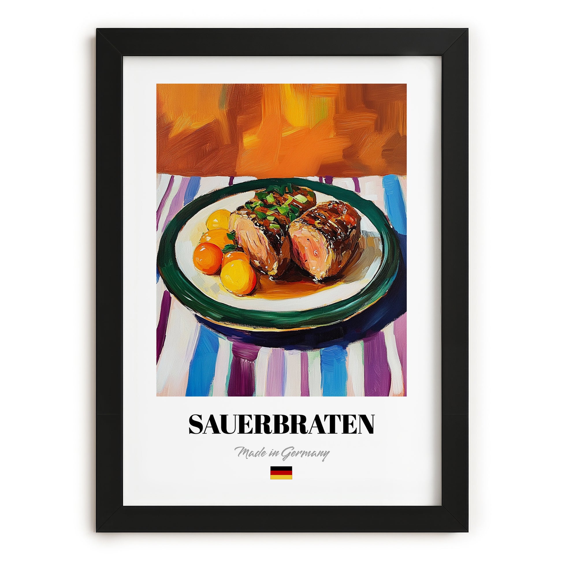 Sauerbraten – Art, German Food Painting, in sleek black frame