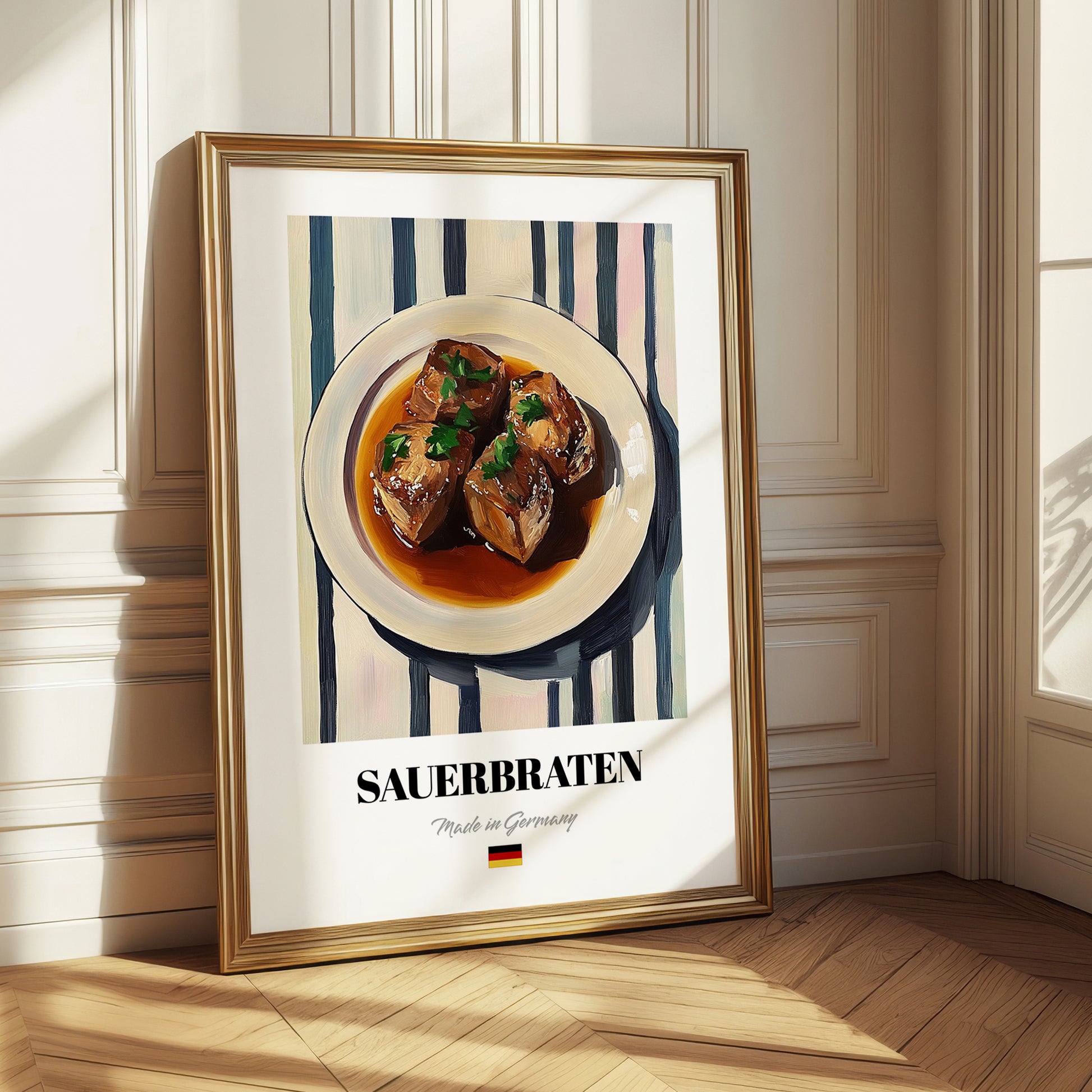 Sauerbraten – on Striped Tablecloth, German Food Art