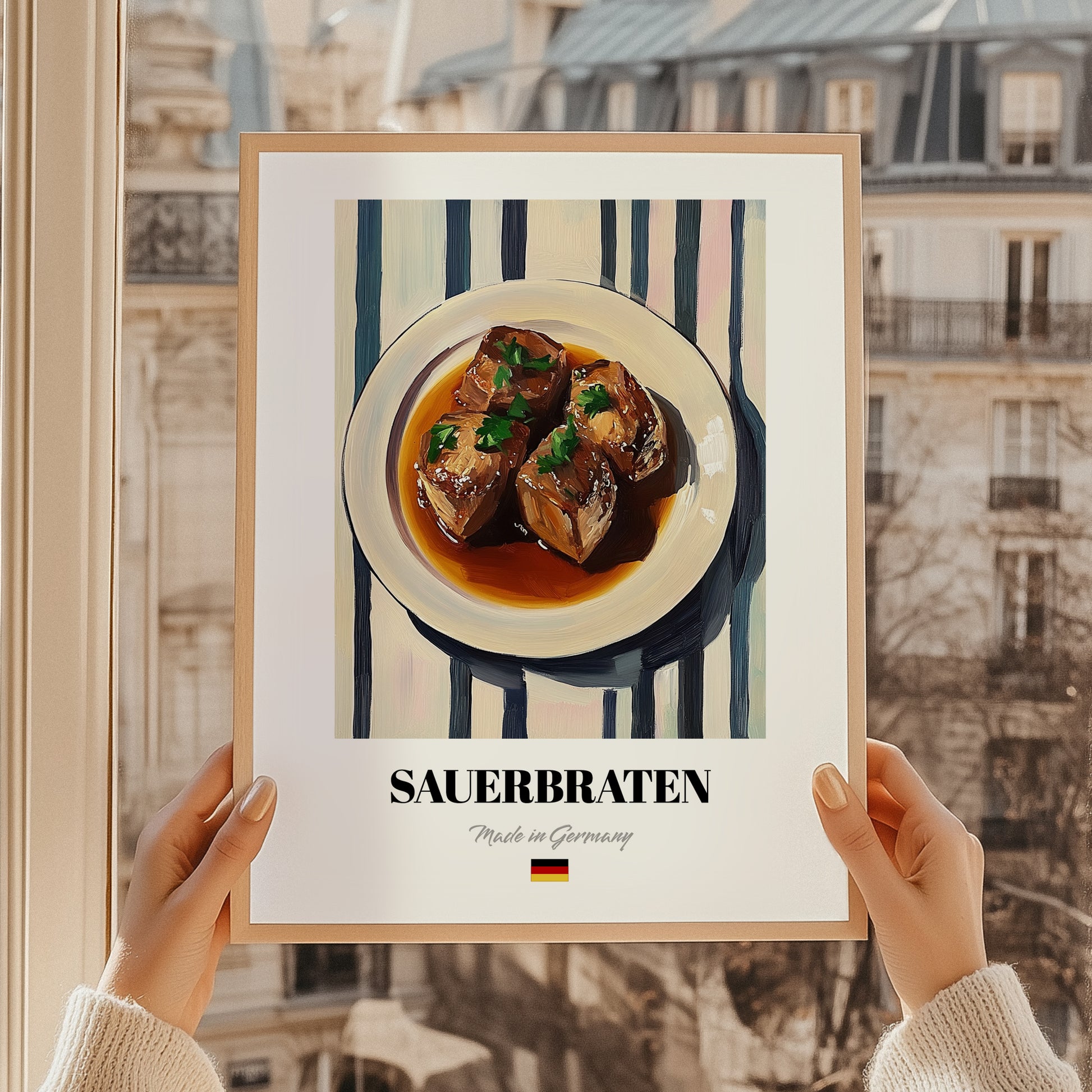 Sauerbraten – on Striped Tablecloth, German Food Art, styled in a charming Paris street view