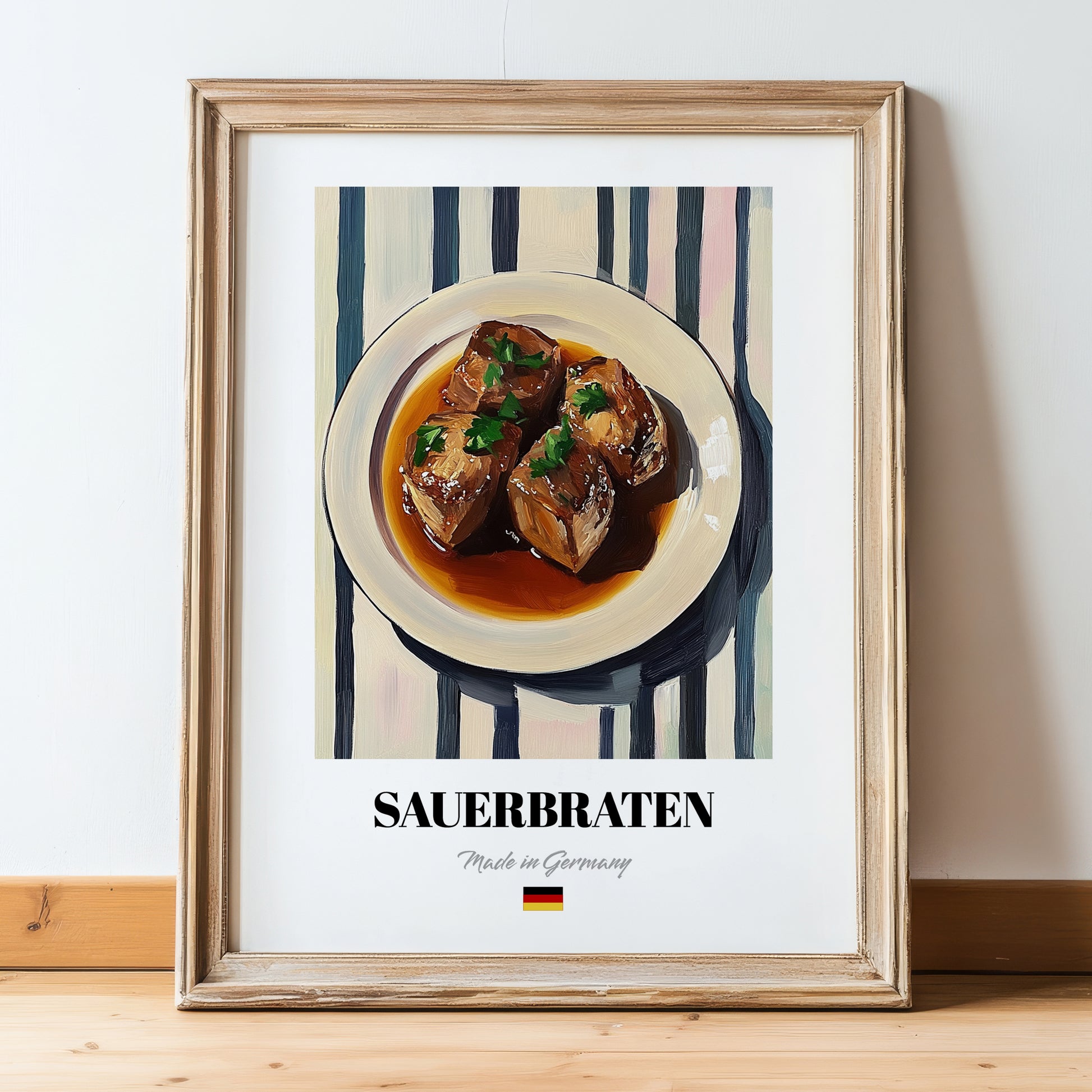 Sauerbraten – on Striped Tablecloth, German Food Art, in wooden frame leaning on the floor