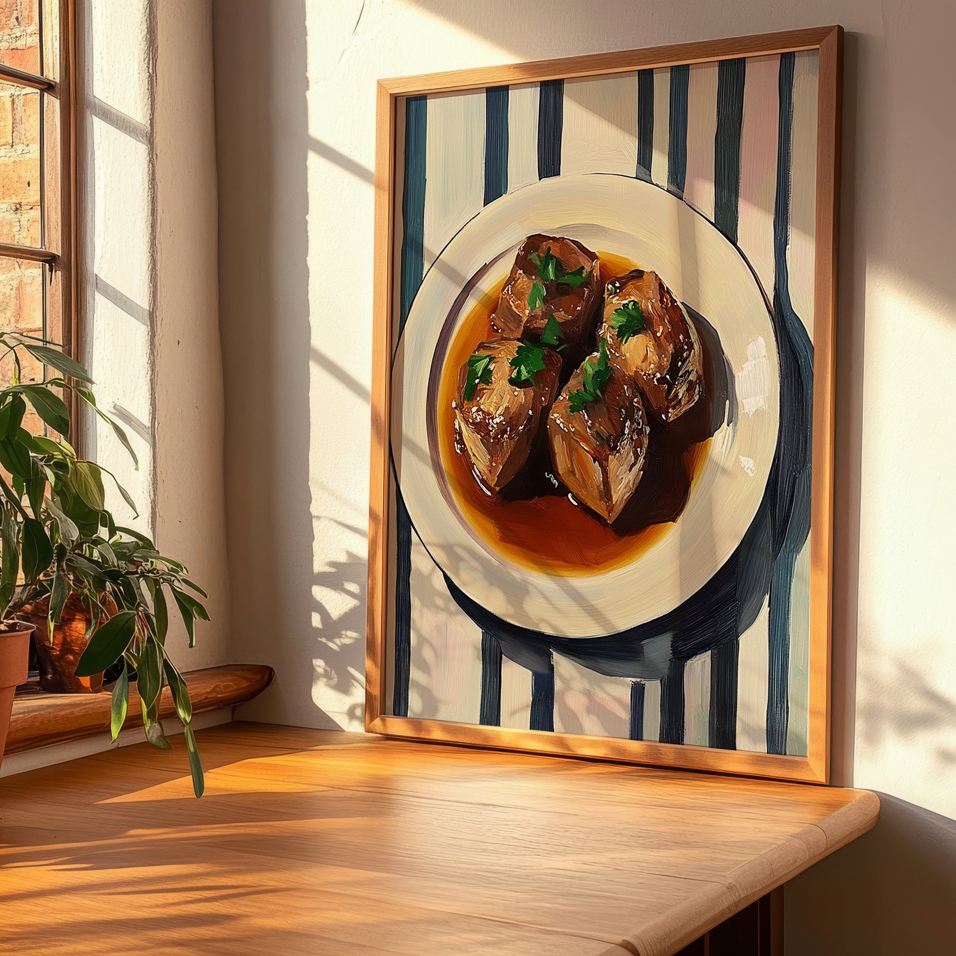 Sauerbraten – on Striped Tablecloth, German Food Art, clean layout with no caption