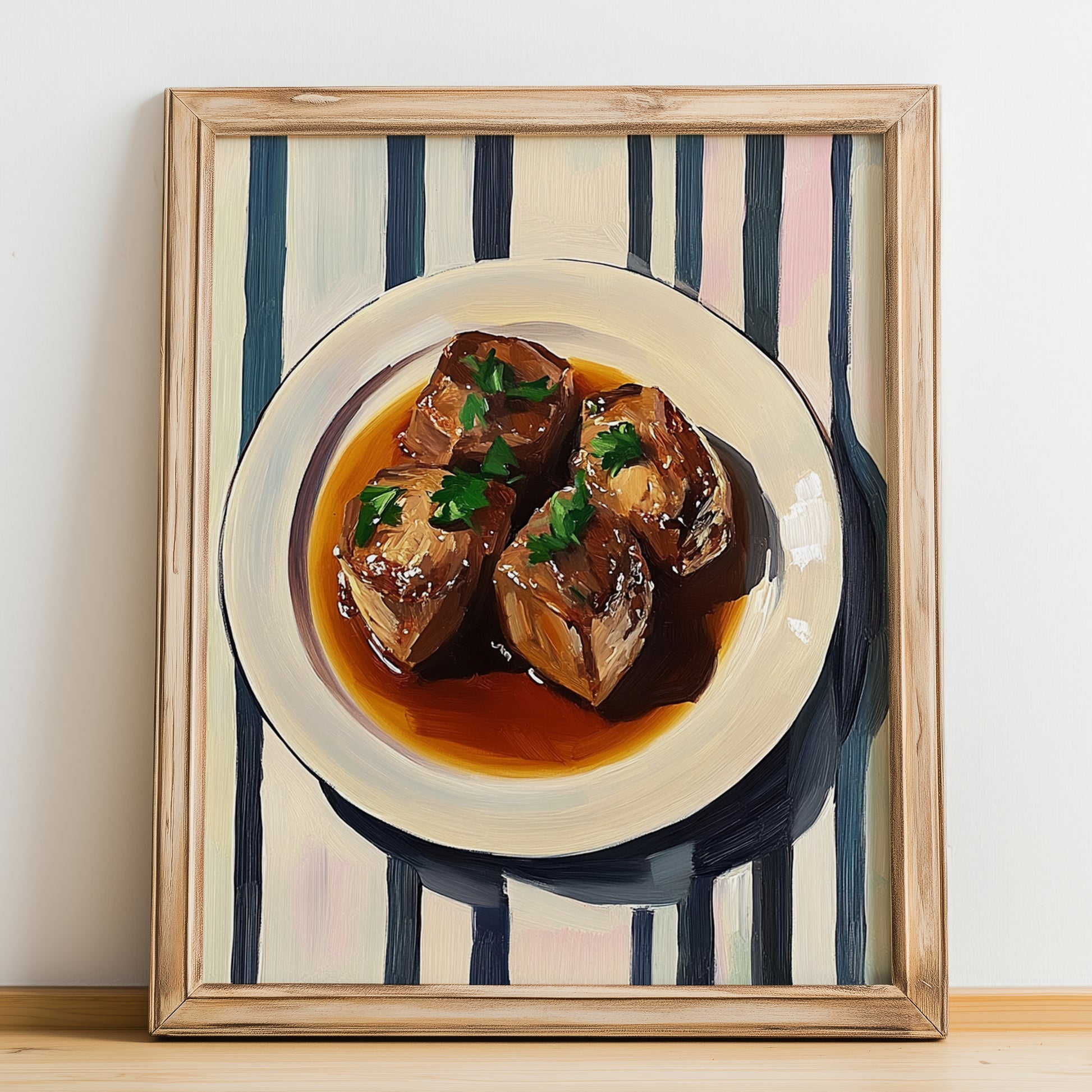Sauerbraten – on Striped Tablecloth, German Food Art, no-text version framed in wood