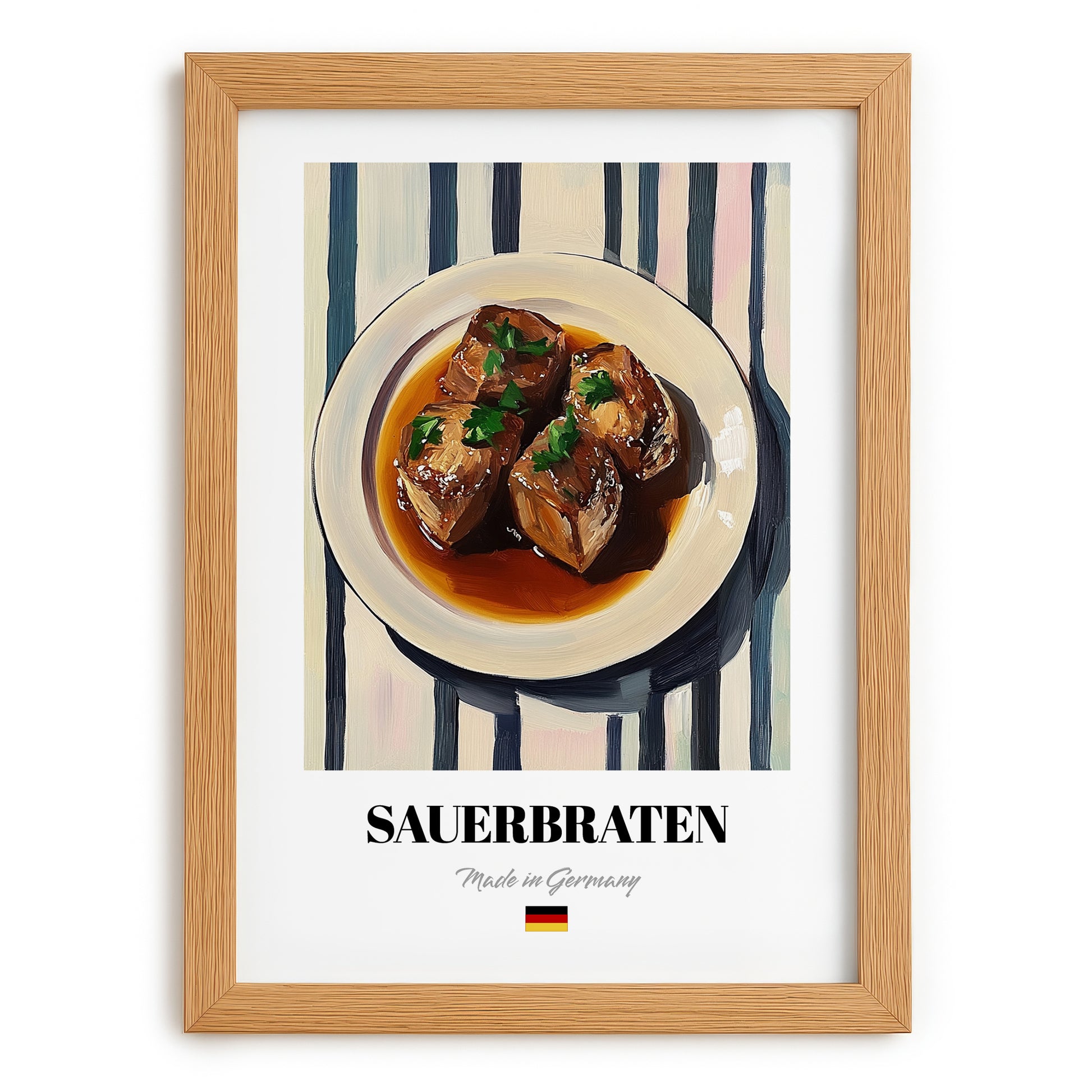Sauerbraten – on Striped Tablecloth, German Food Art, set in oak frame