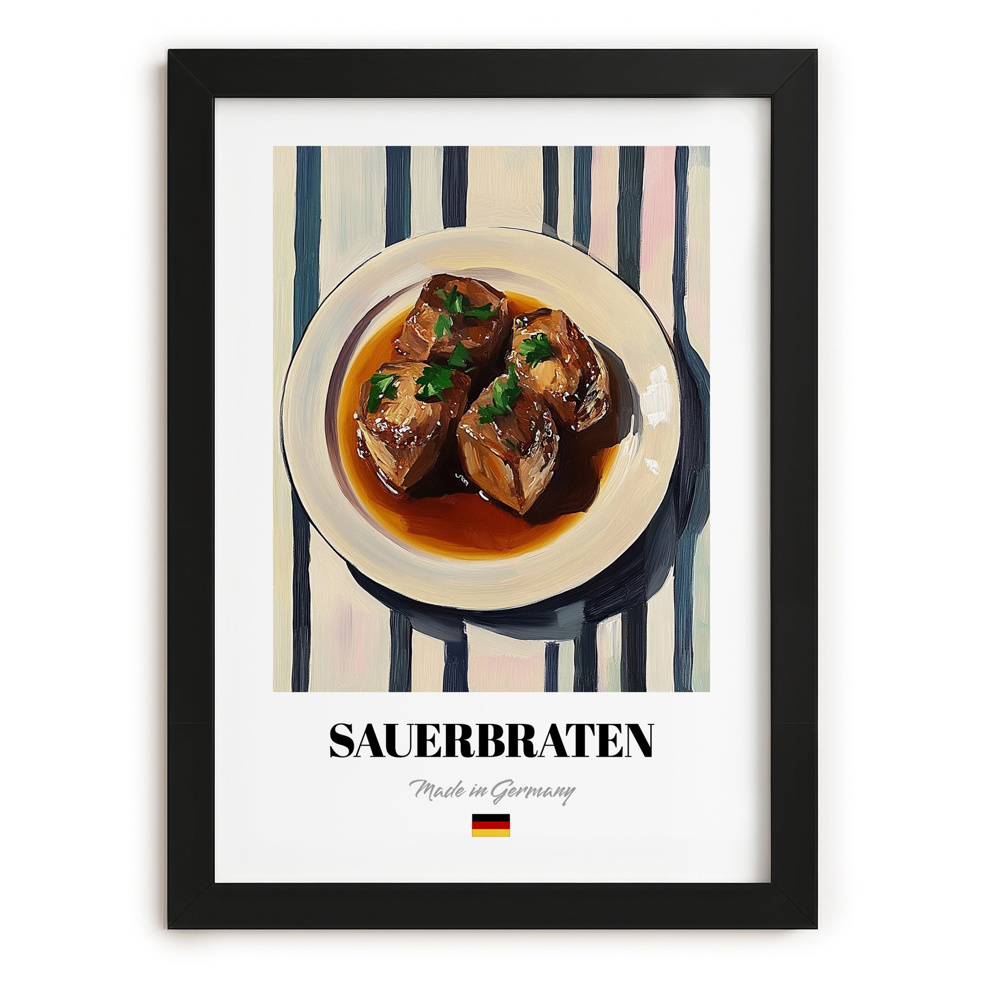Sauerbraten – on Striped Tablecloth, German Food Art, in sleek black frame