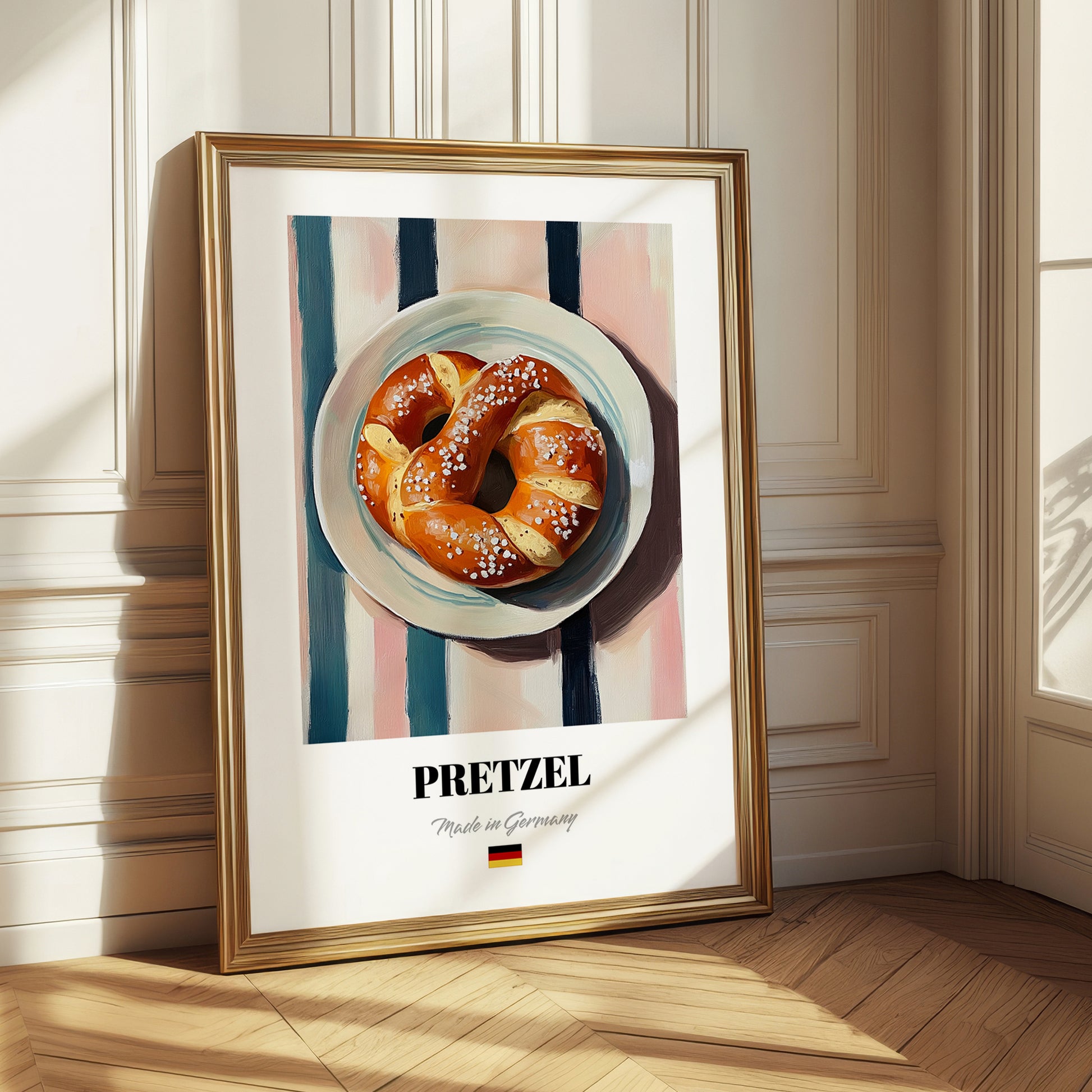Pretzel (Brezen) – on Striped Tablecloth, German Pastry Wall Decor 