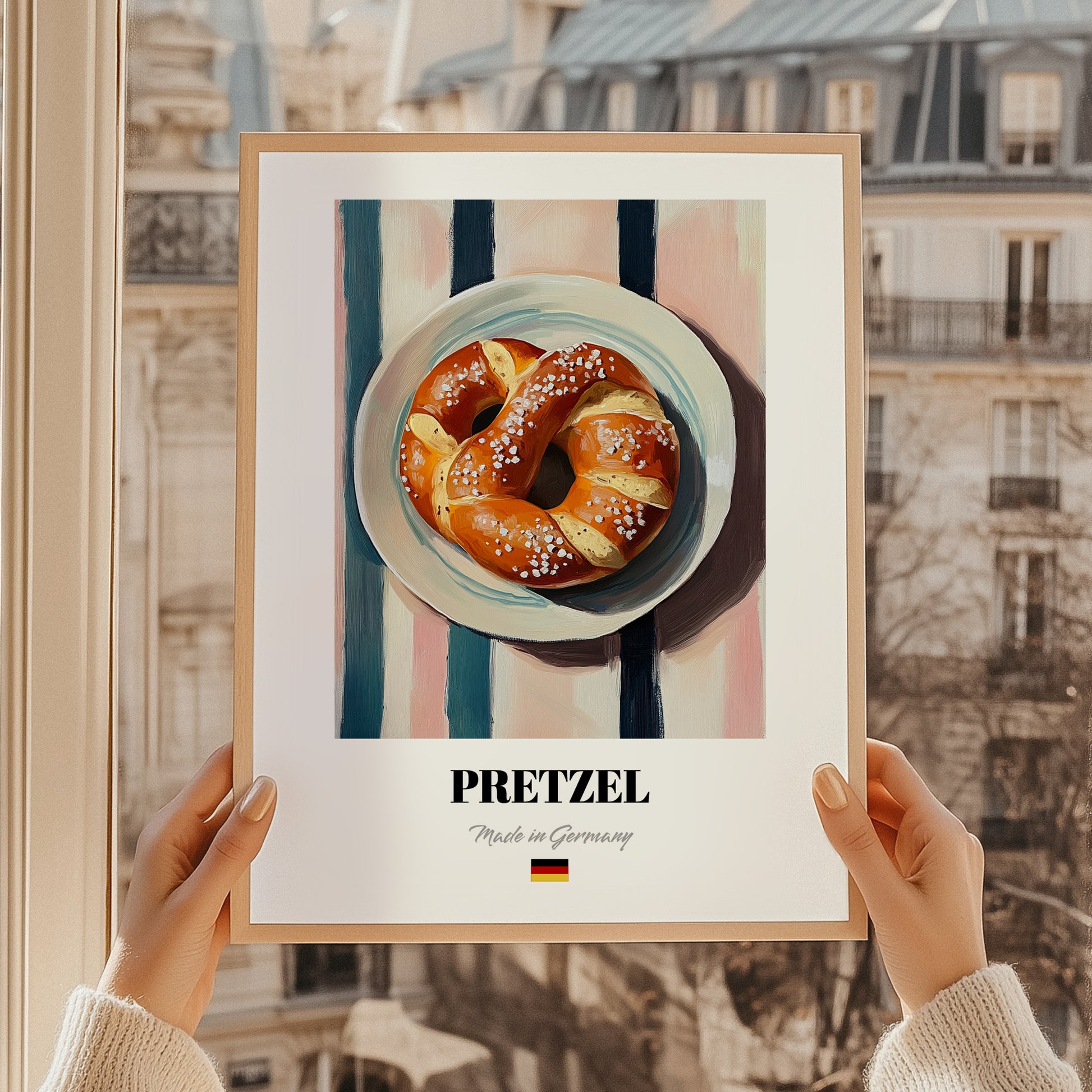 Pretzel (Brezen) – on Striped Tablecloth, German Pastry Wall Decor, styled in a charming Paris street view