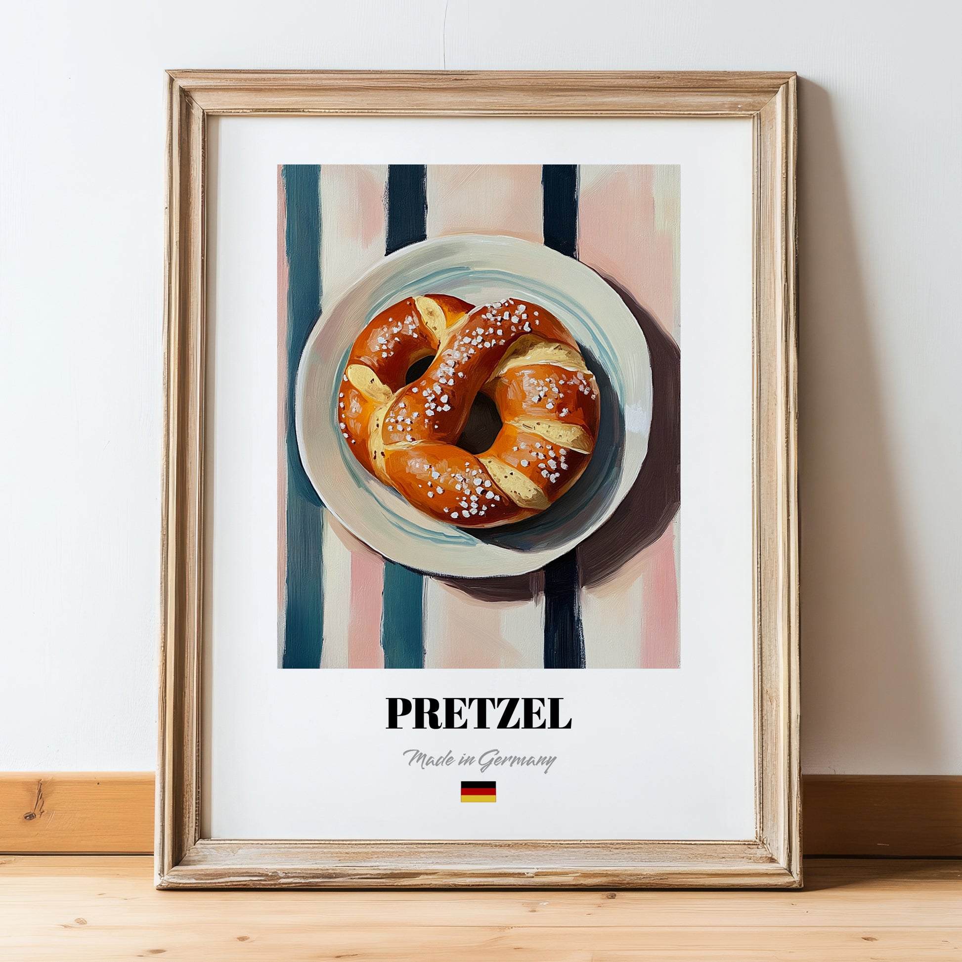 Pretzel (Brezen) – on Striped Tablecloth, German Pastry Wall Decor, in wooden frame leaning on the floor