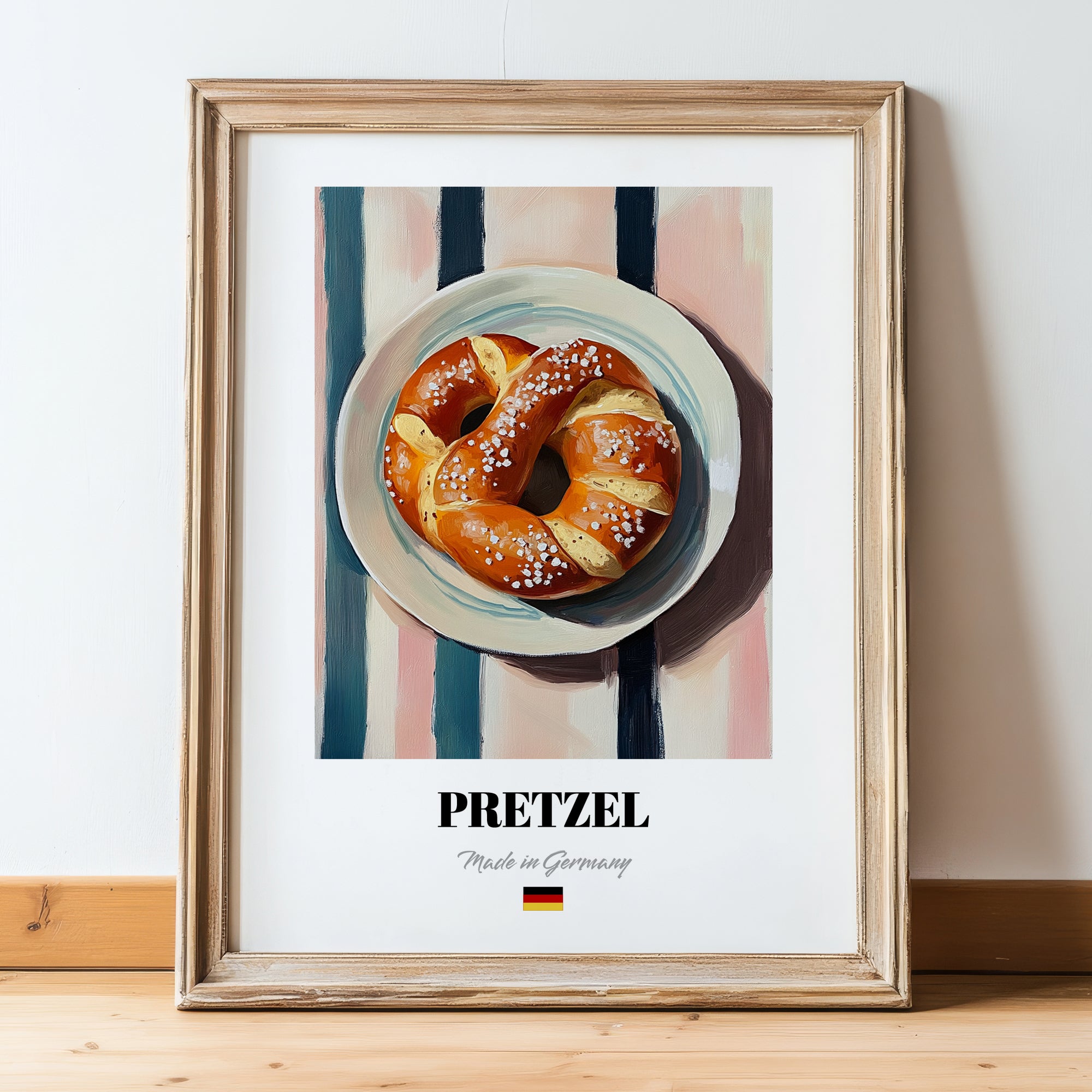 Pretzel (Brezen) – on Striped Tablecloth, German Pastry Wall Decor, in wooden frame leaning on the floor
