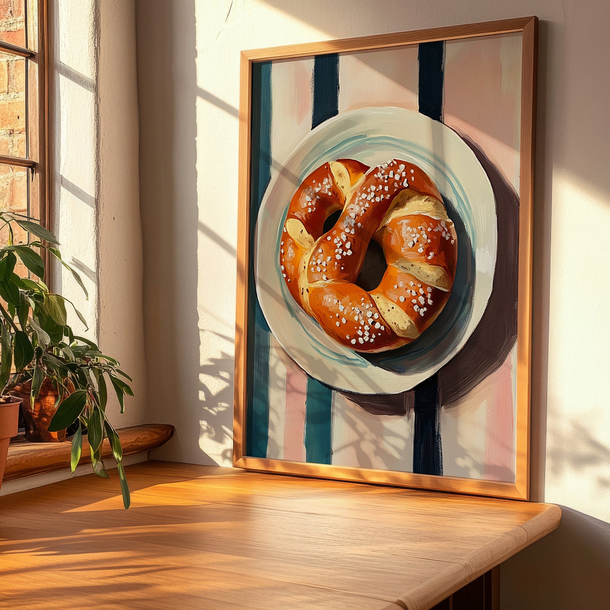 Pretzel (Brezen) – on Striped Tablecloth, German Pastry Wall Decor, clean layout with no caption