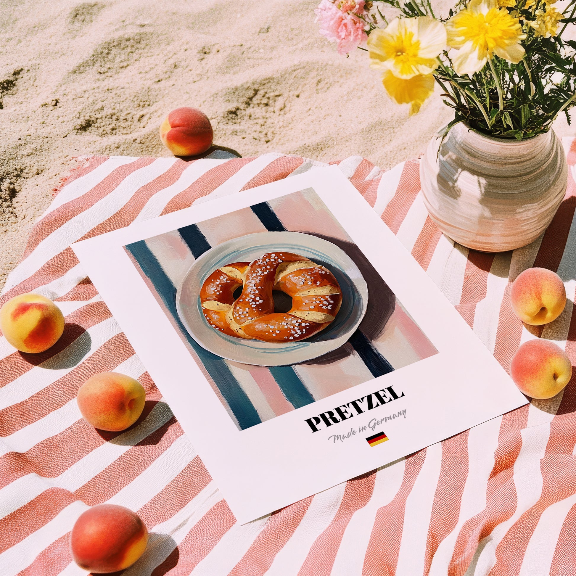 Pretzel (Brezen) – on Striped Tablecloth, German Pastry Wall Decor, unframed on coastal sand