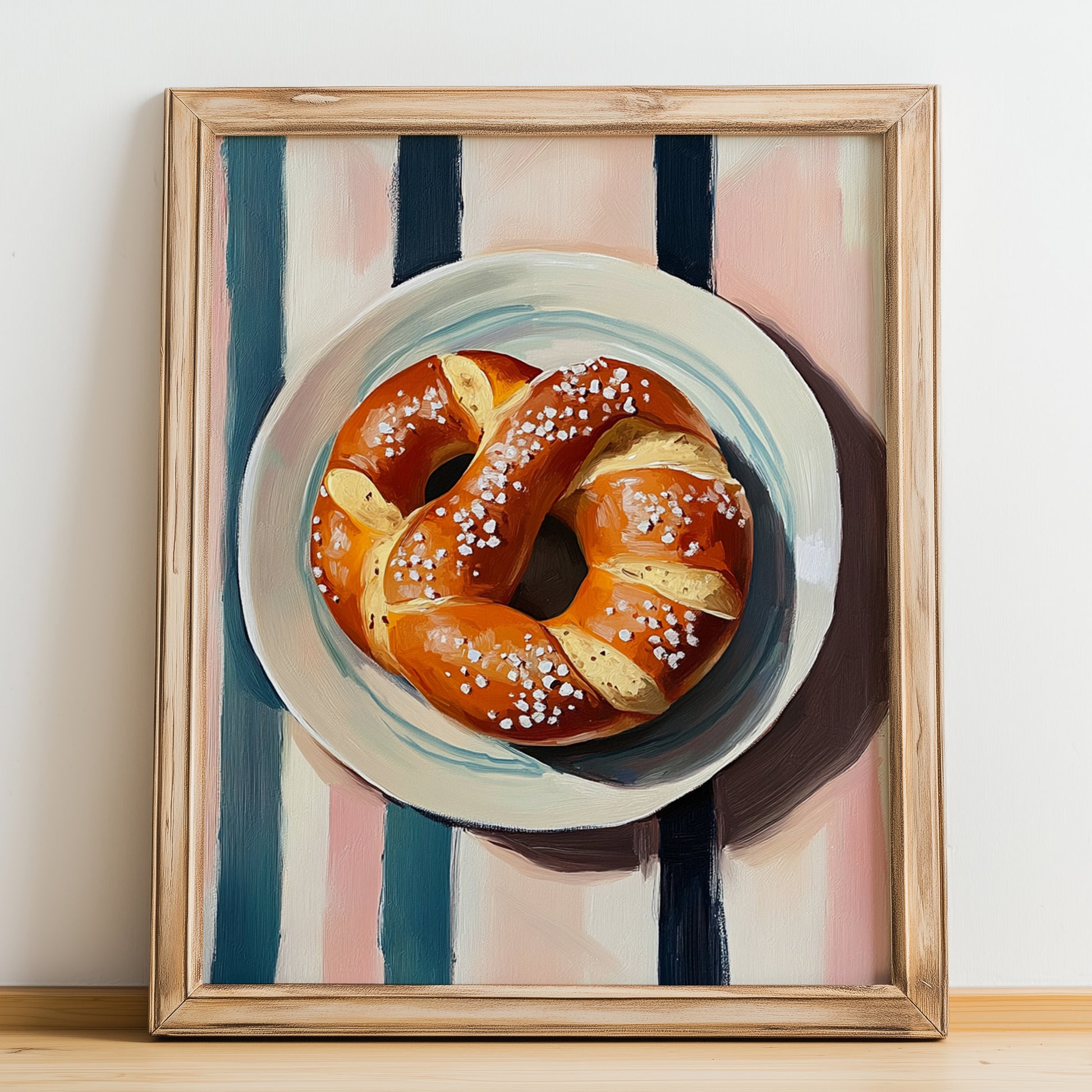 Pretzel (Brezen) – on Striped Tablecloth, German Pastry Wall Decor, no-text version framed in wood