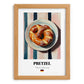 Pretzel (Brezen) – on Striped Tablecloth, German Pastry Wall Decor, set in oak frame