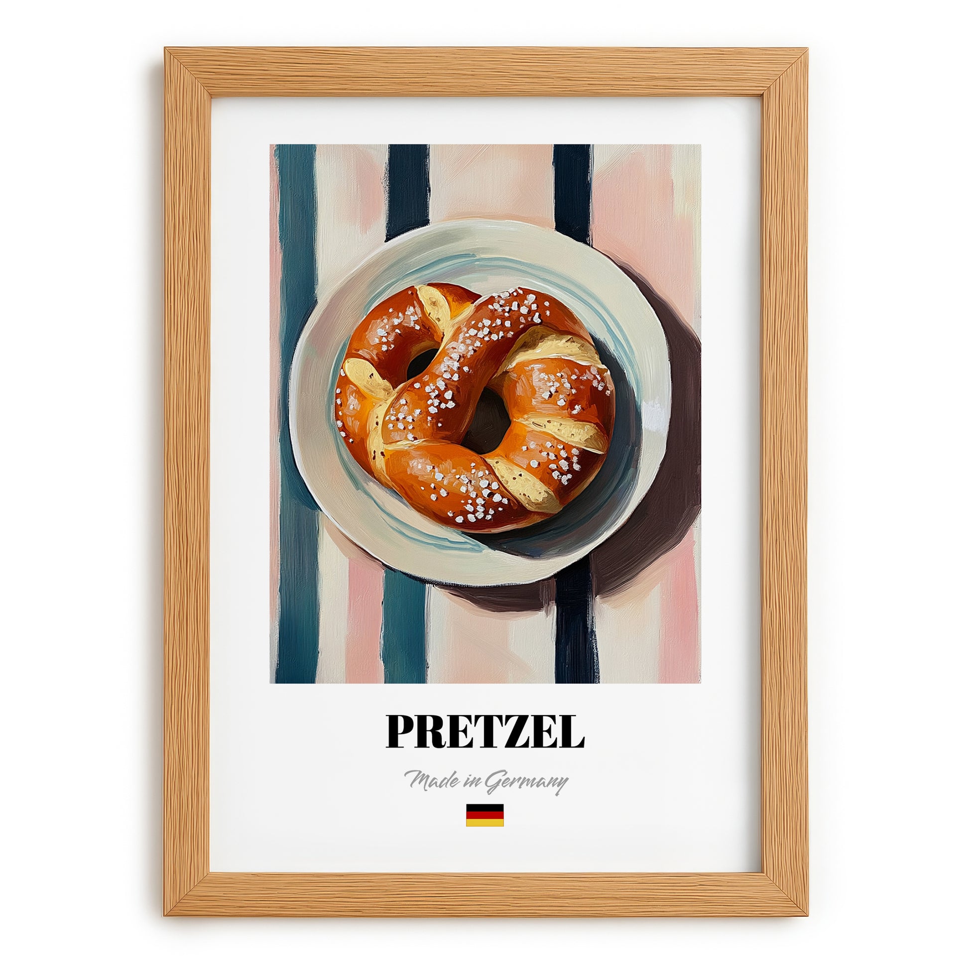 Pretzel (Brezen) – on Striped Tablecloth, German Pastry Wall Decor, set in oak frame