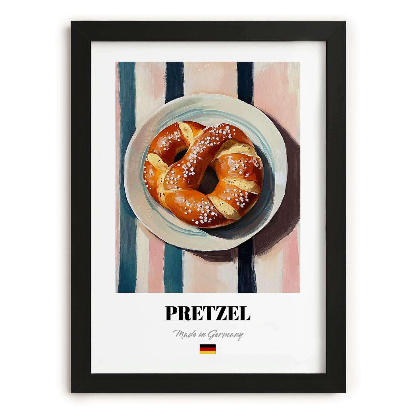 Pretzel (Brezen) – on Striped Tablecloth, German Pastry Wall Decor, in sleek black frame
