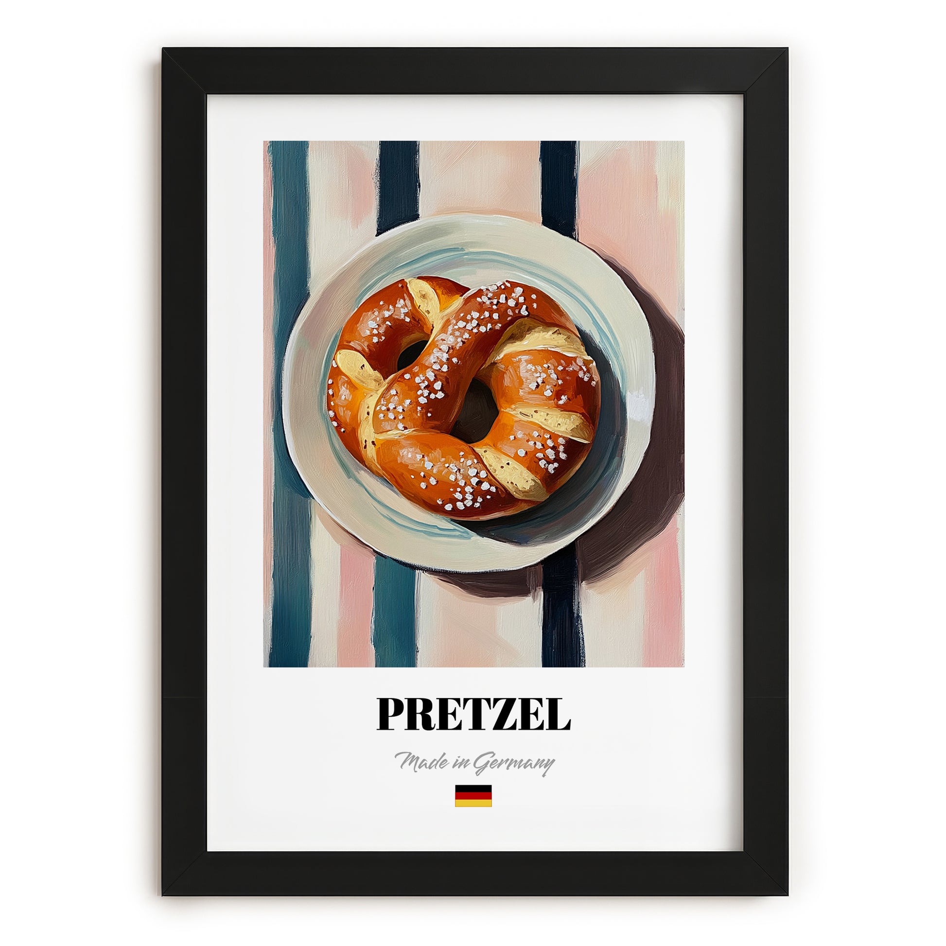Pretzel (Brezen) – on Striped Tablecloth, German Pastry Wall Decor, in sleek black frame