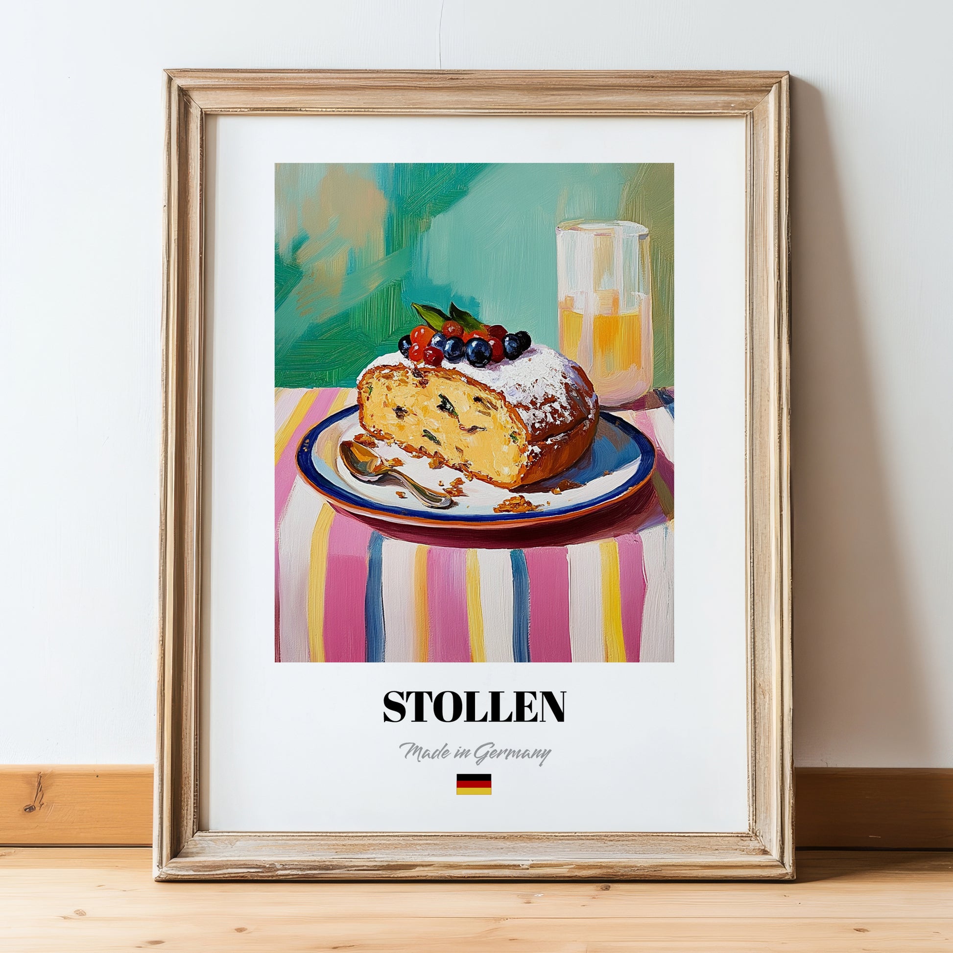 Stollen – Art, German Dessert Still Life, in wooden frame leaning on the floor