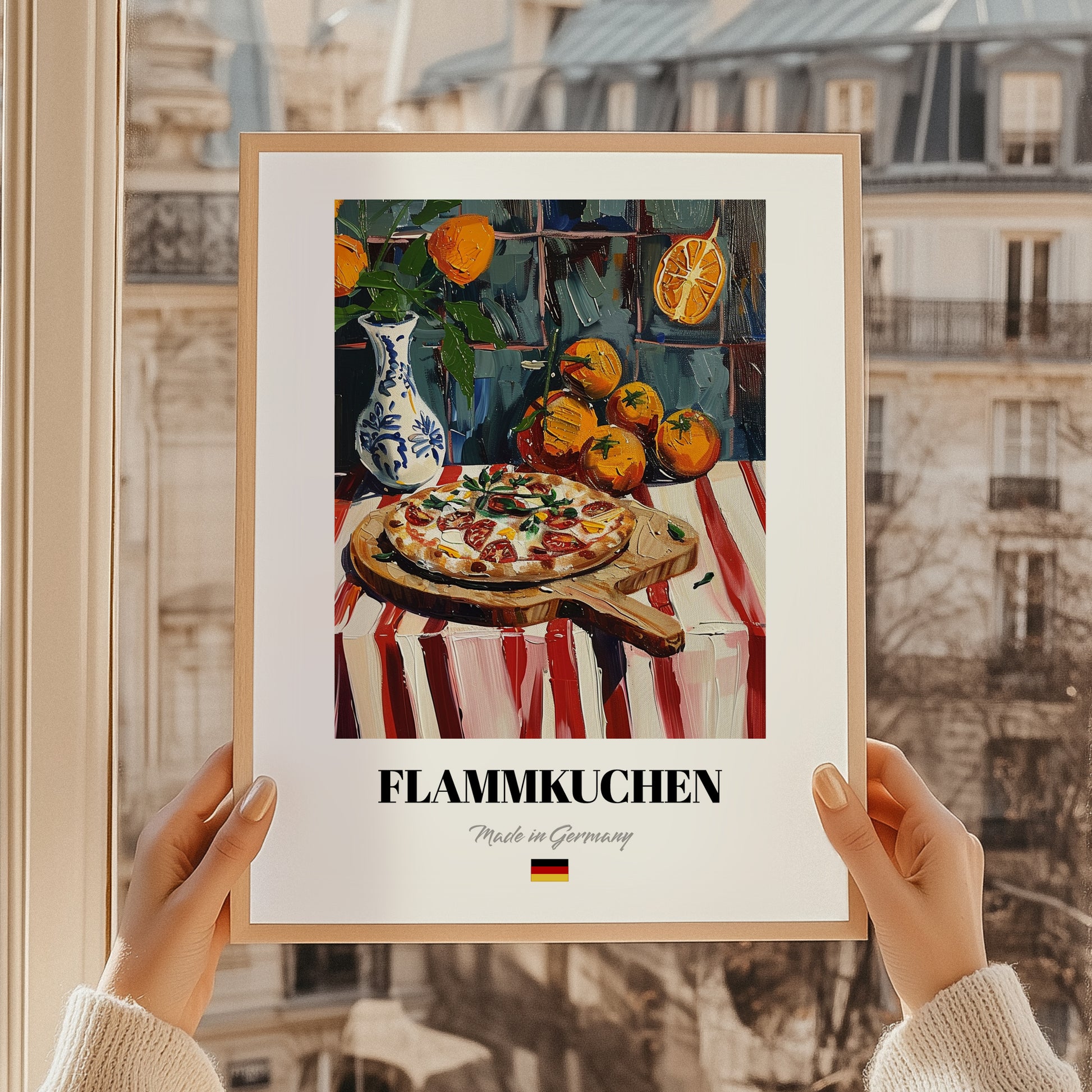 Flammkuchen – Art, German Food Wall Decor, styled in a charming Paris street view