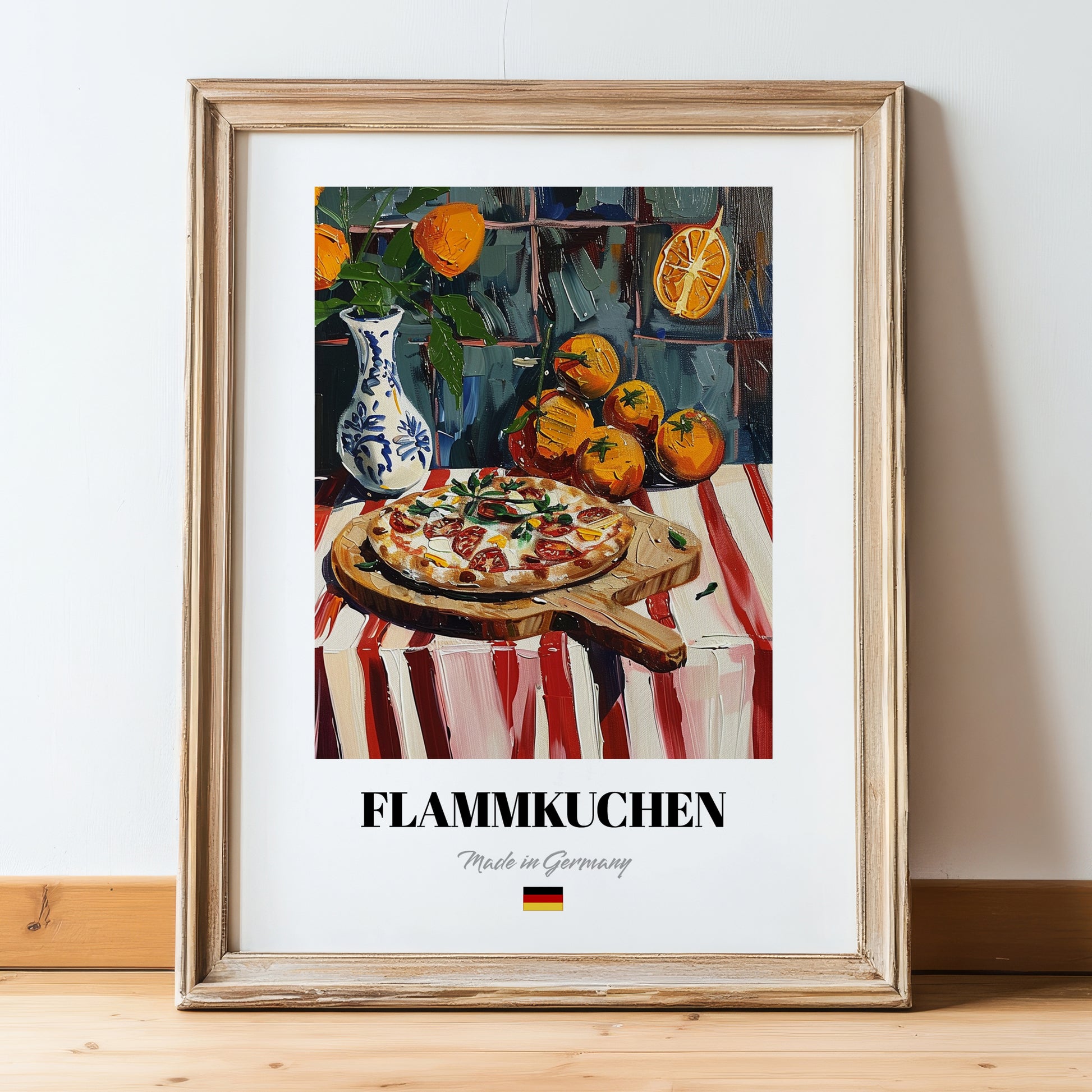 Flammkuchen – Art, German Food Wall Decor, in wooden frame leaning on the floor