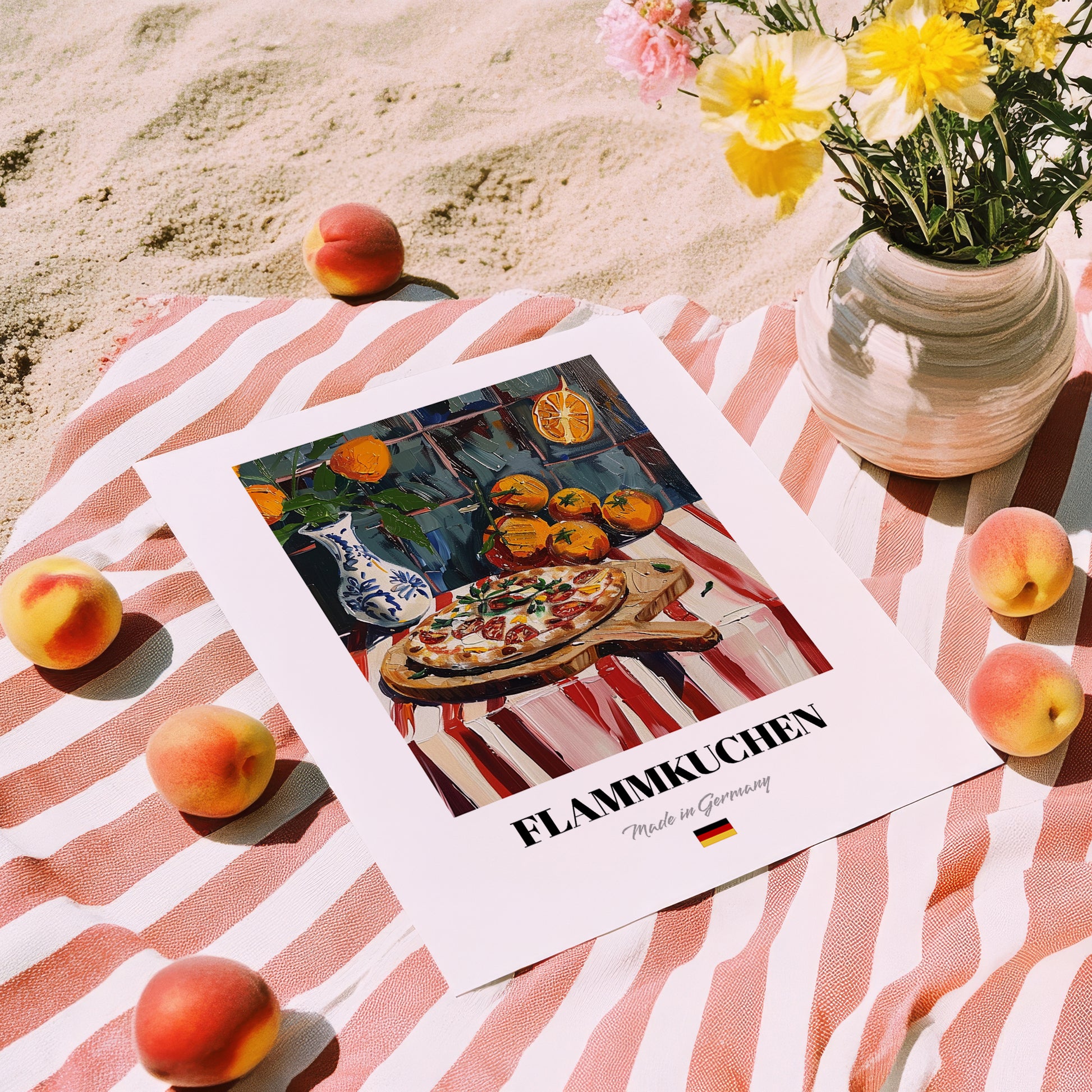 Flammkuchen – Art, German Food Wall Decor, unframed on coastal sand