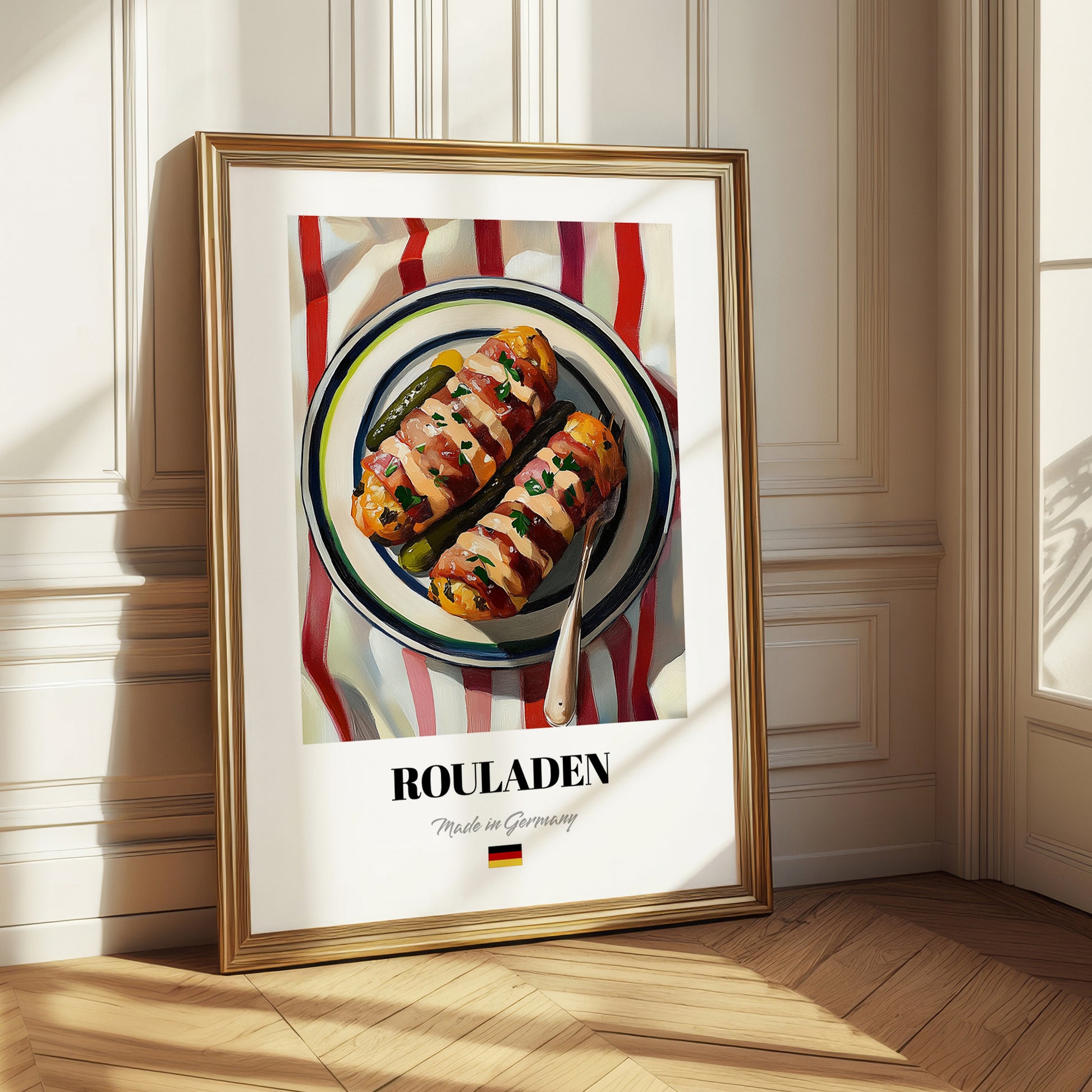 Rouladen – on Striped Tablecloth, German Food Print