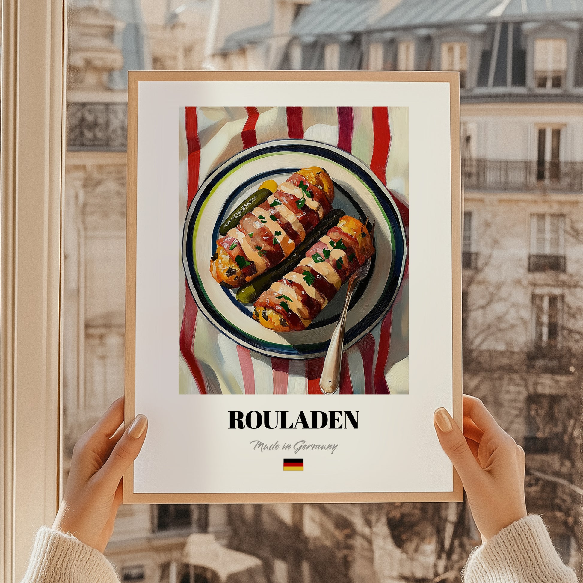 Rouladen – on Striped Tablecloth, German Food Print, styled in a charming Paris street view