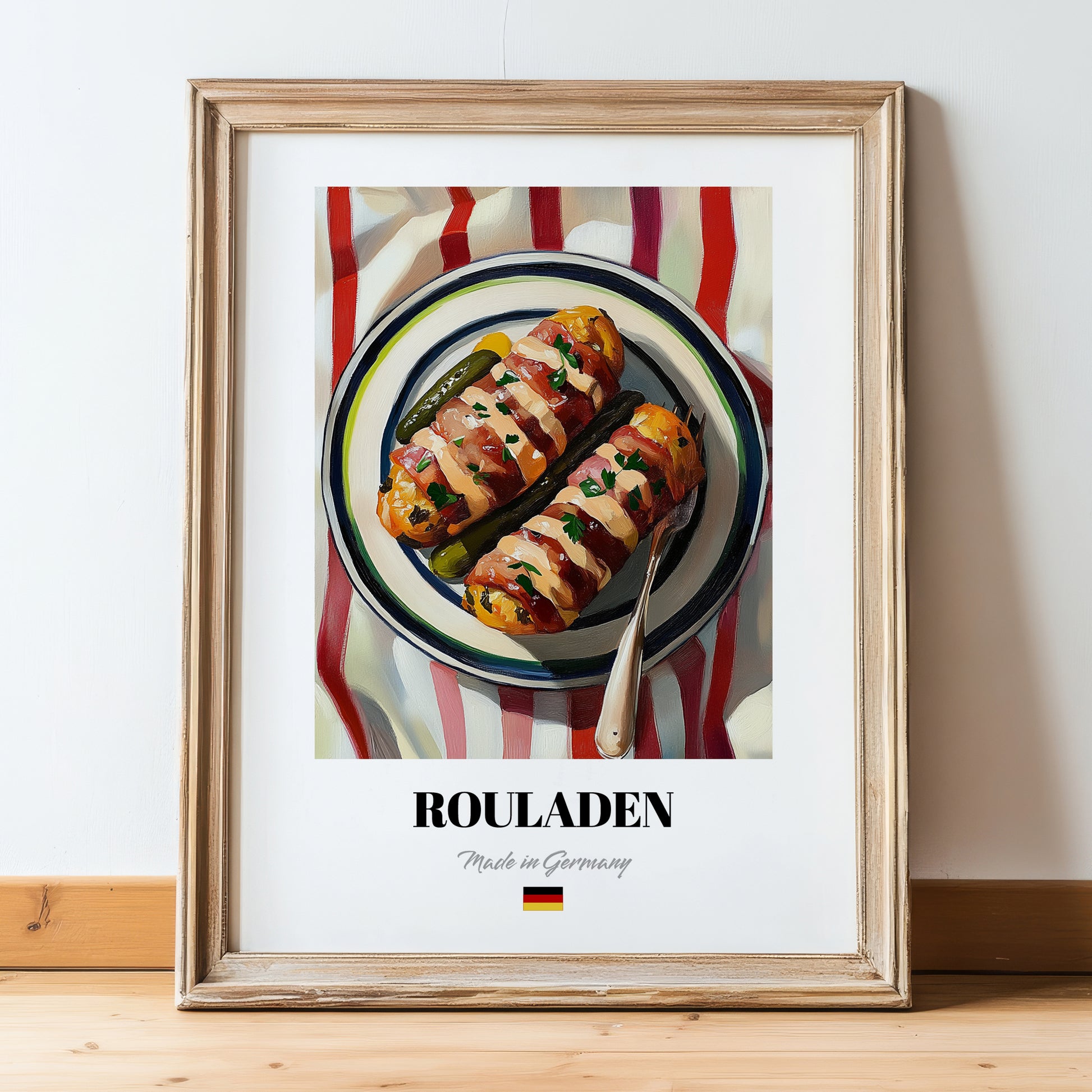 Rouladen – on Striped Tablecloth, German Food Print, in wooden frame leaning on the floor
