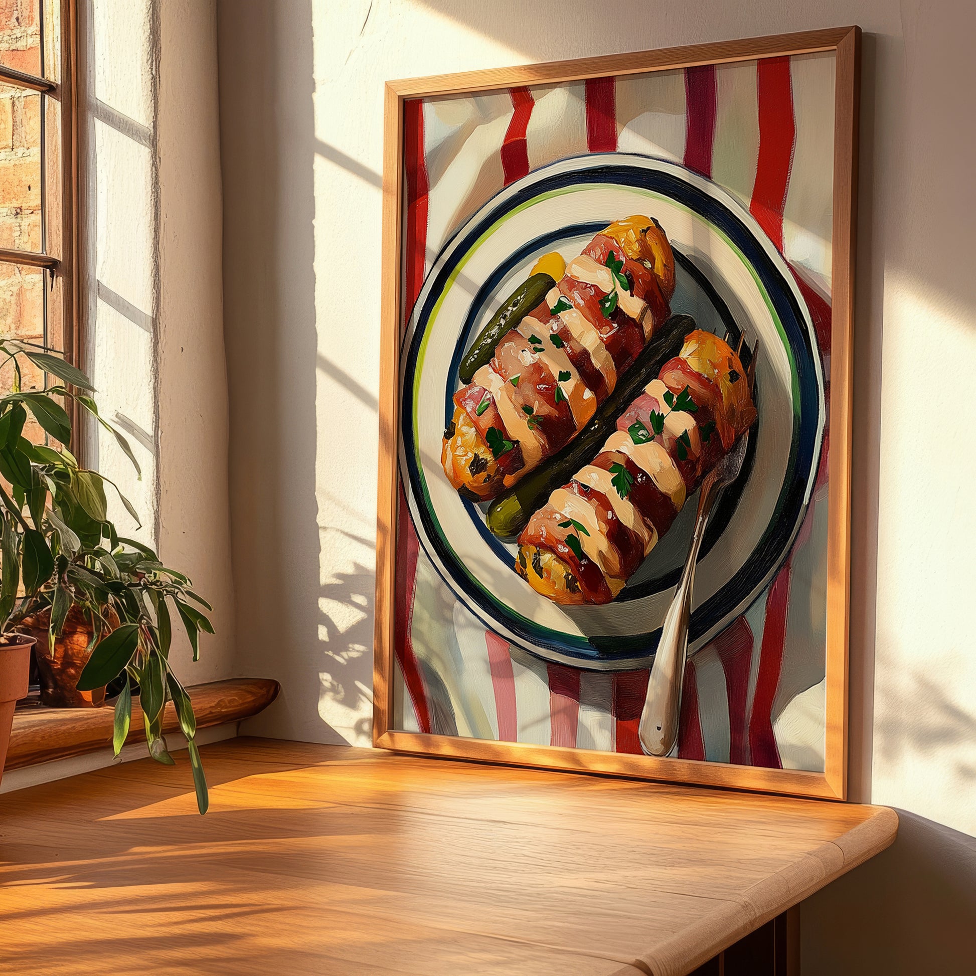 Rouladen – on Striped Tablecloth, German Food Print, clean layout with no caption