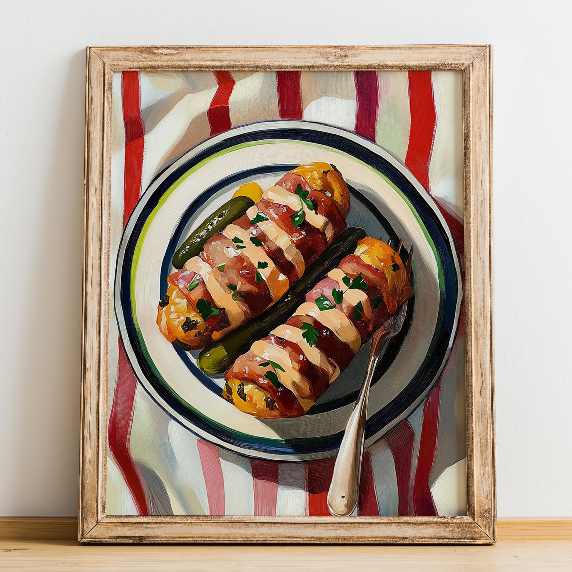 Rouladen – on Striped Tablecloth, German Food Print, no-text version framed in wood