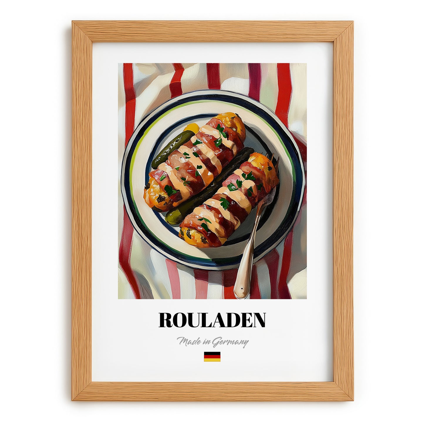 Rouladen – on Striped Tablecloth, German Food Print, set in oak frame