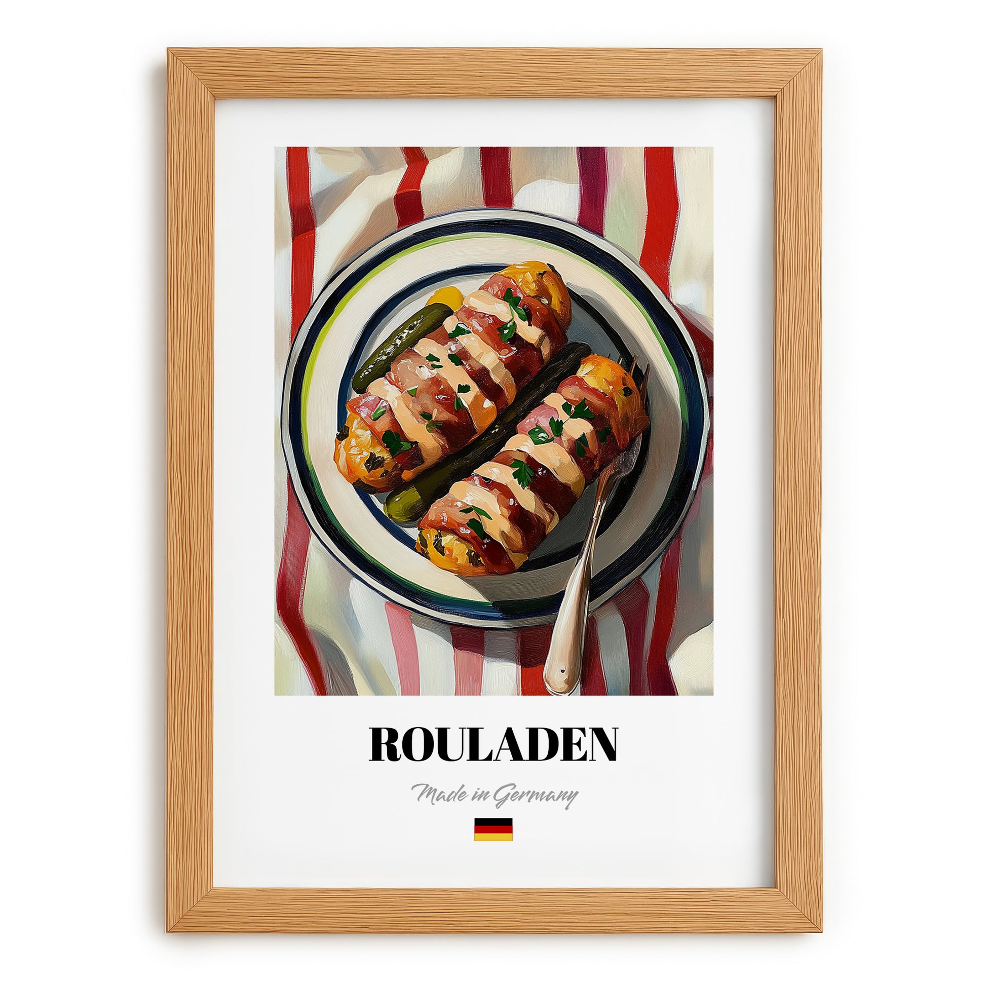 Rouladen – on Striped Tablecloth, German Food Print, set in oak frame