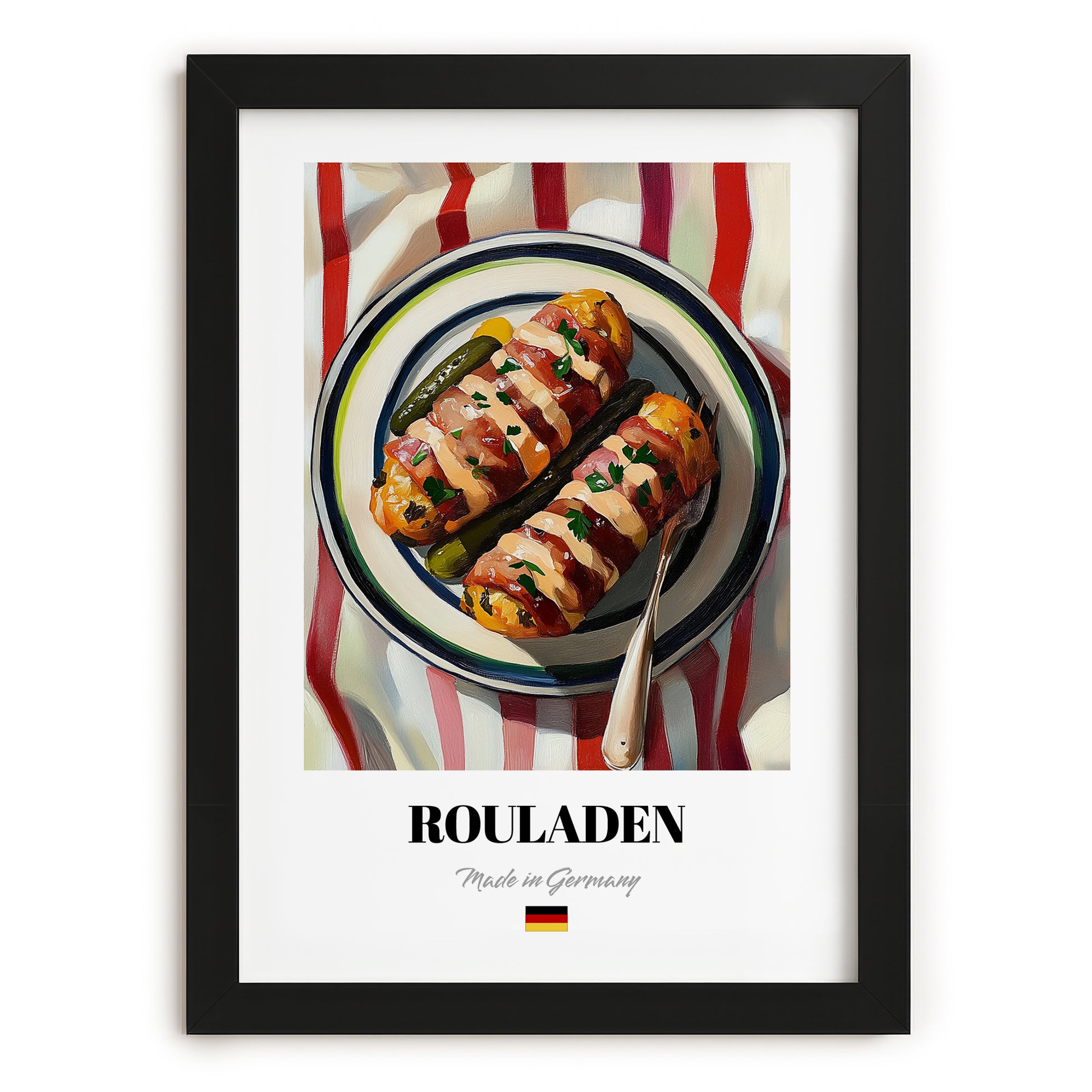 Rouladen – on Striped Tablecloth, German Food Print, in sleek black frame
