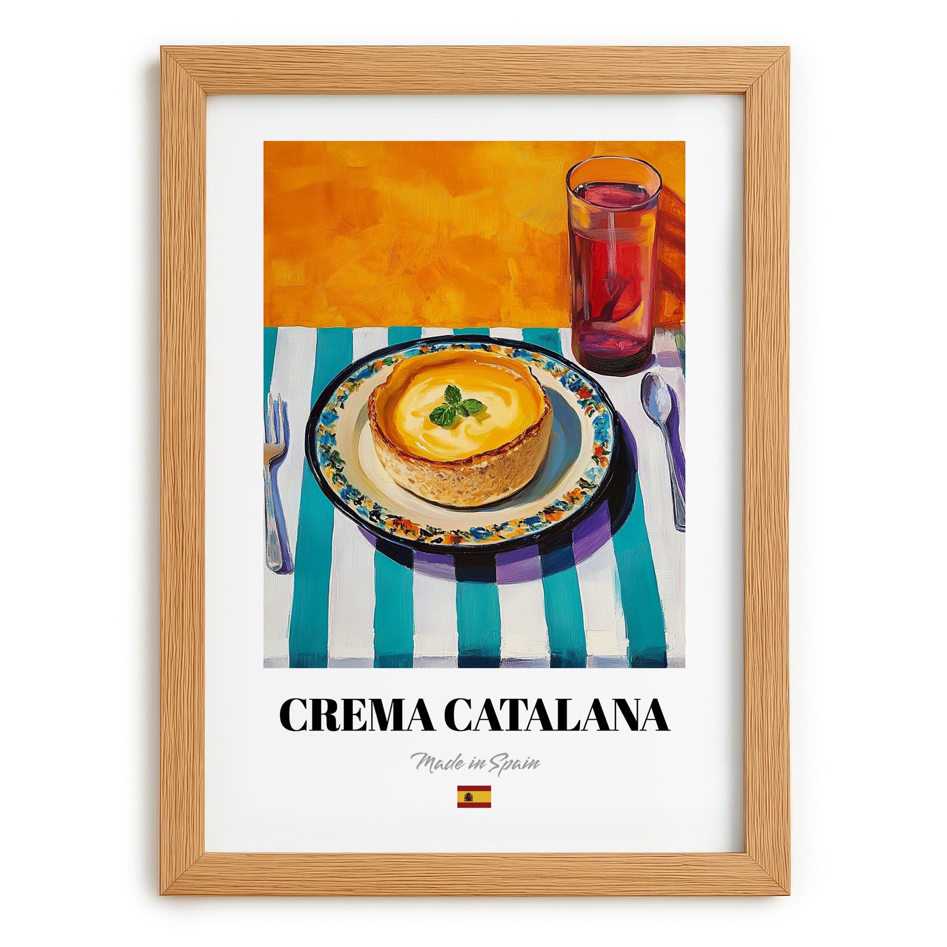 Crema Catalana – Oil Painting, Spanish Dessert Illustration, set in oak frame