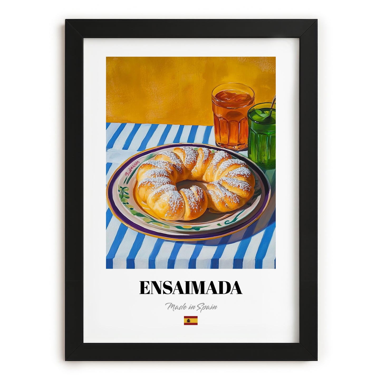 Ensaimada – Colorful Oil Painting, Spanish Pastry Wall Decor, in sleek black frame