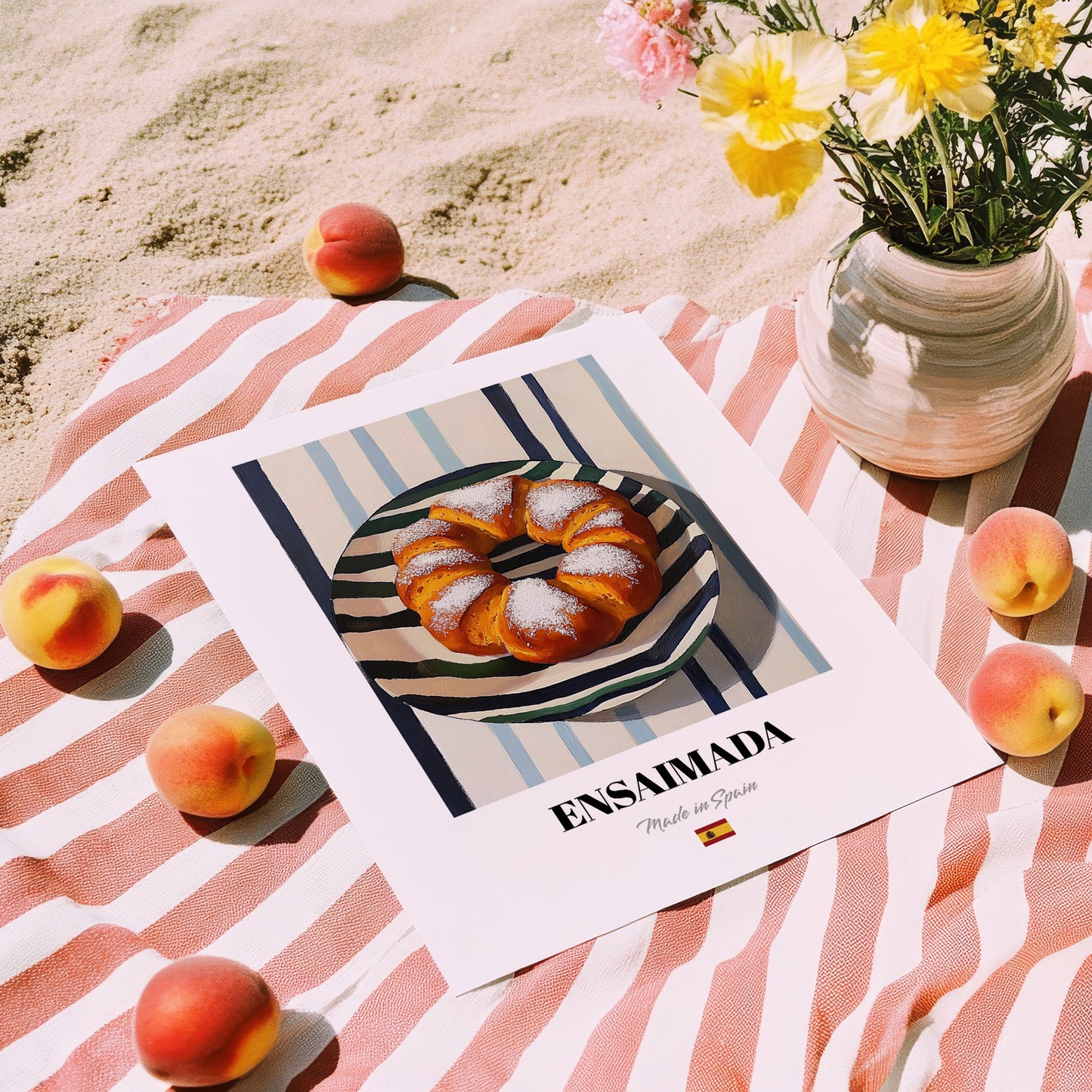 Ensaimada – on Striped Tablecloth, Spanish Pastry Illustration, unframed on coastal sand