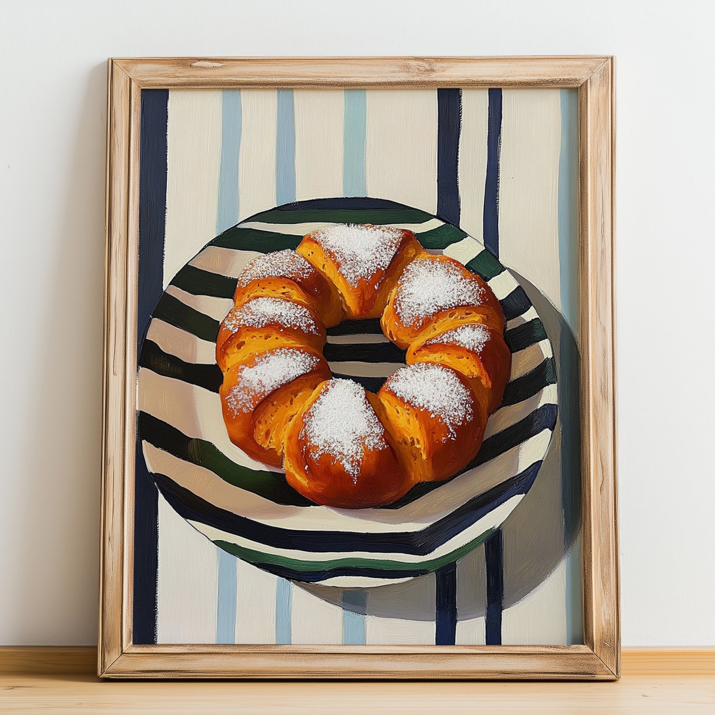Ensaimada – on Striped Tablecloth, Spanish Pastry Illustration, no-text version framed in wood